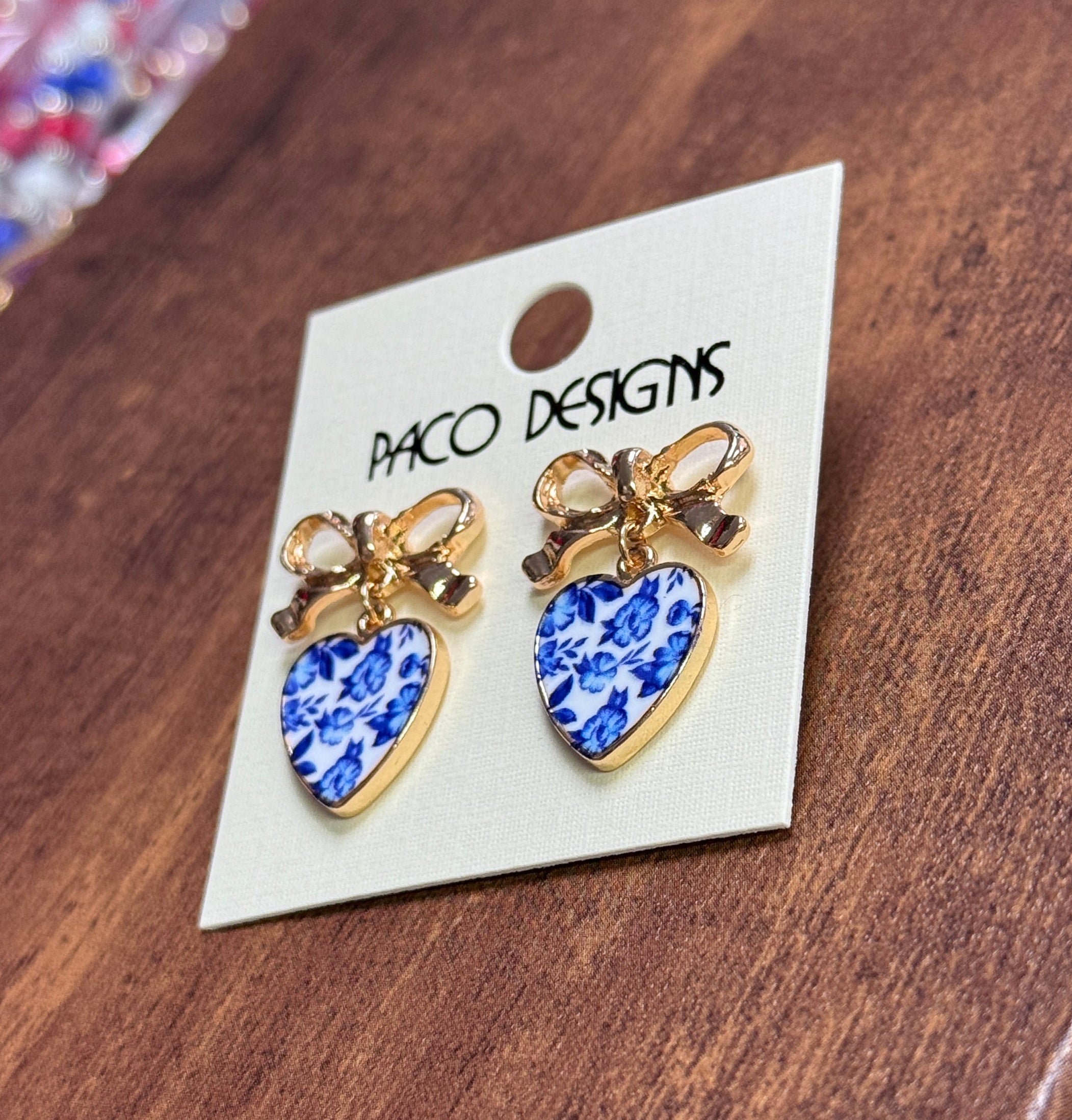 Blue & White Floral Heart Post Earrings