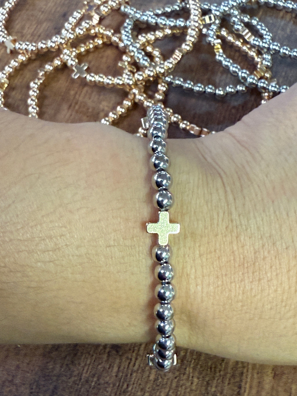 Gold or Silver Beaded Bracelet w/ Cross Accent SET of 5