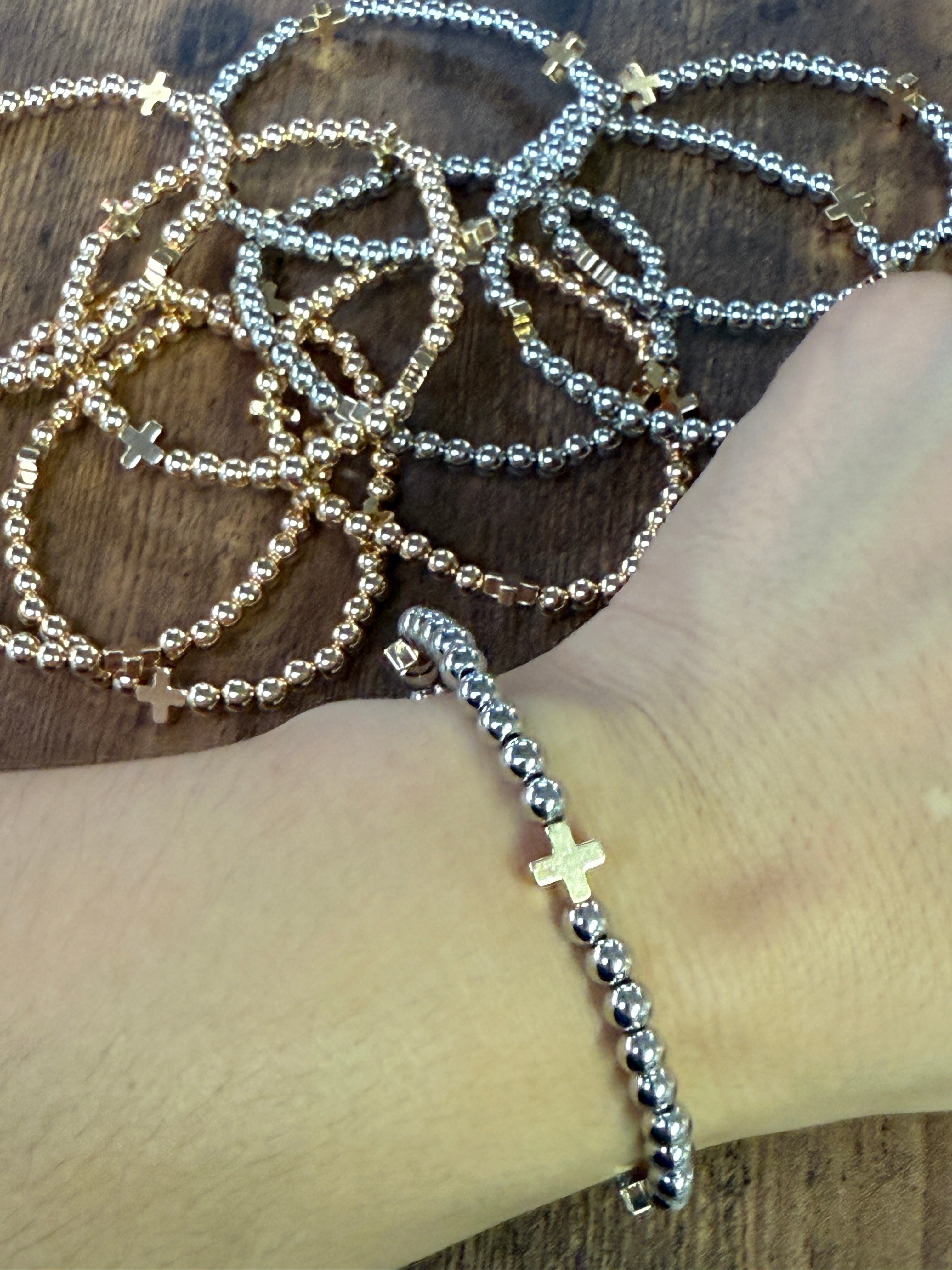 Gold or Silver Beaded Bracelet w/ Cross Accent SET of 5