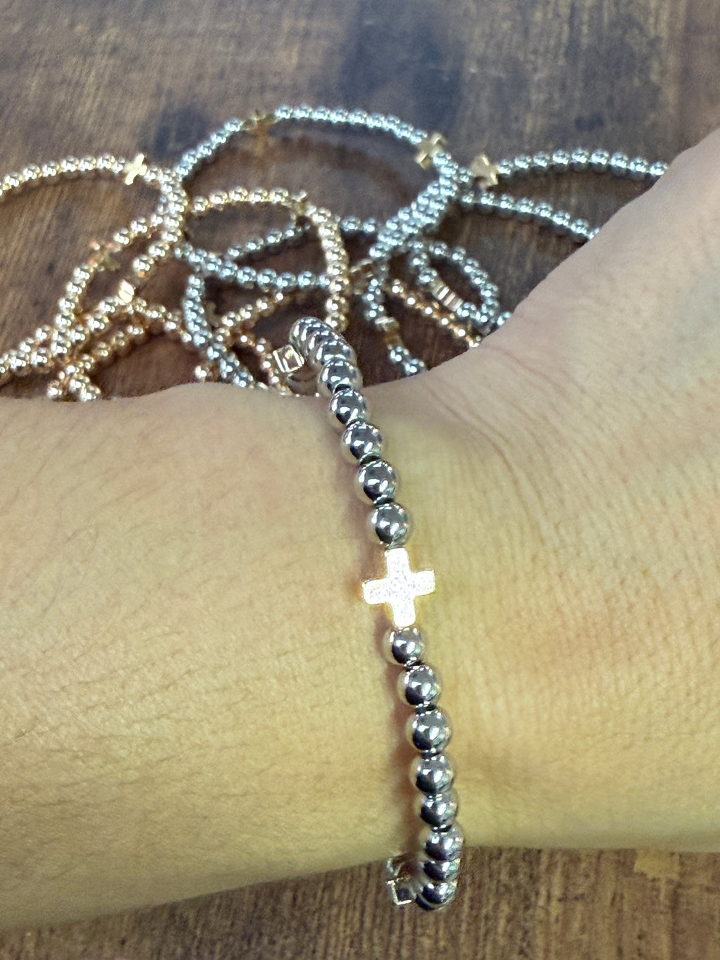 Gold or Silver Beaded Bracelet w/ Cross Accent SET of 5