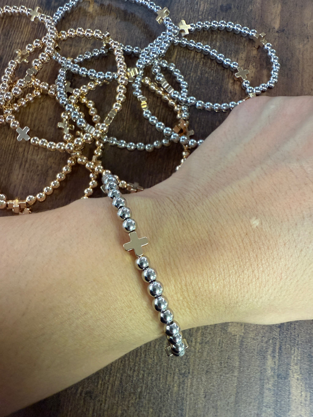 Gold or Silver Beaded Bracelet w/ Cross Accent SET of 5