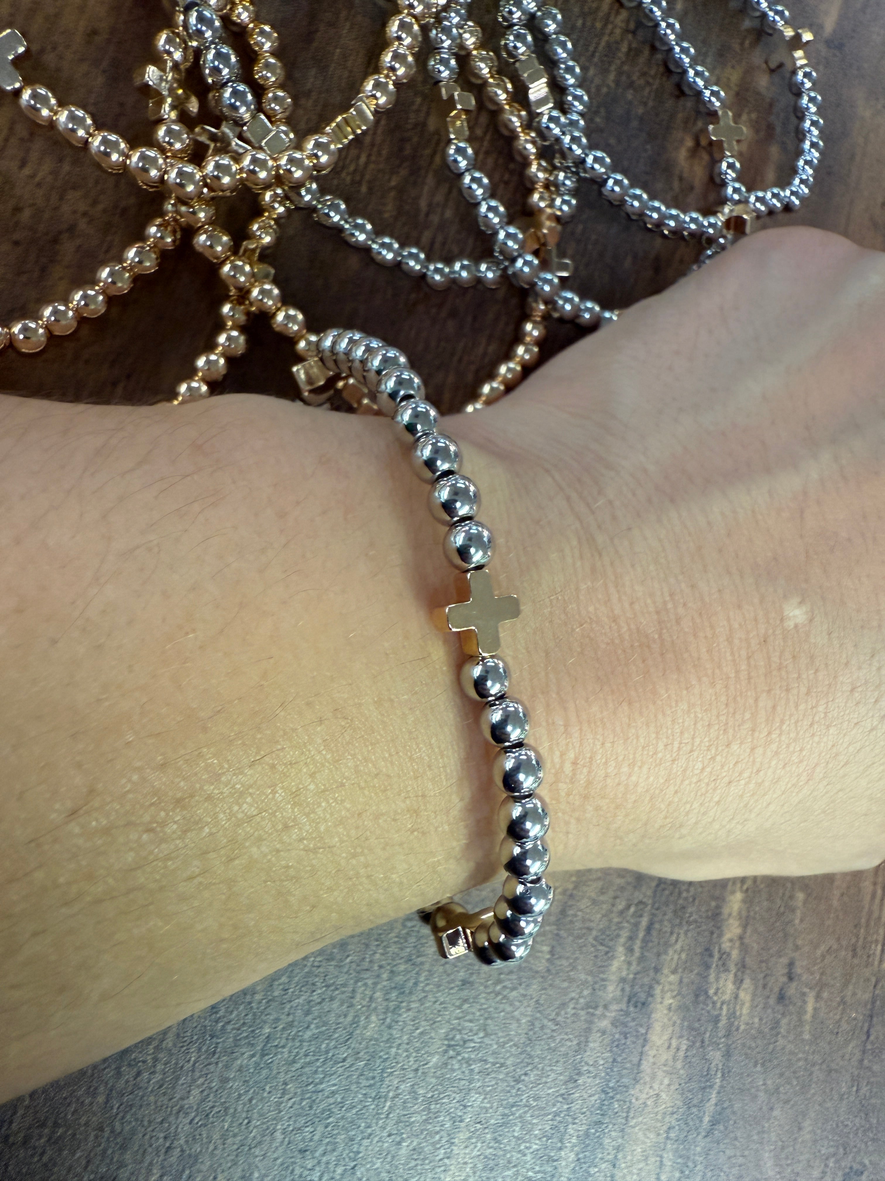 Gold or Silver Beaded Bracelet w/ Cross Accent SET of 5
