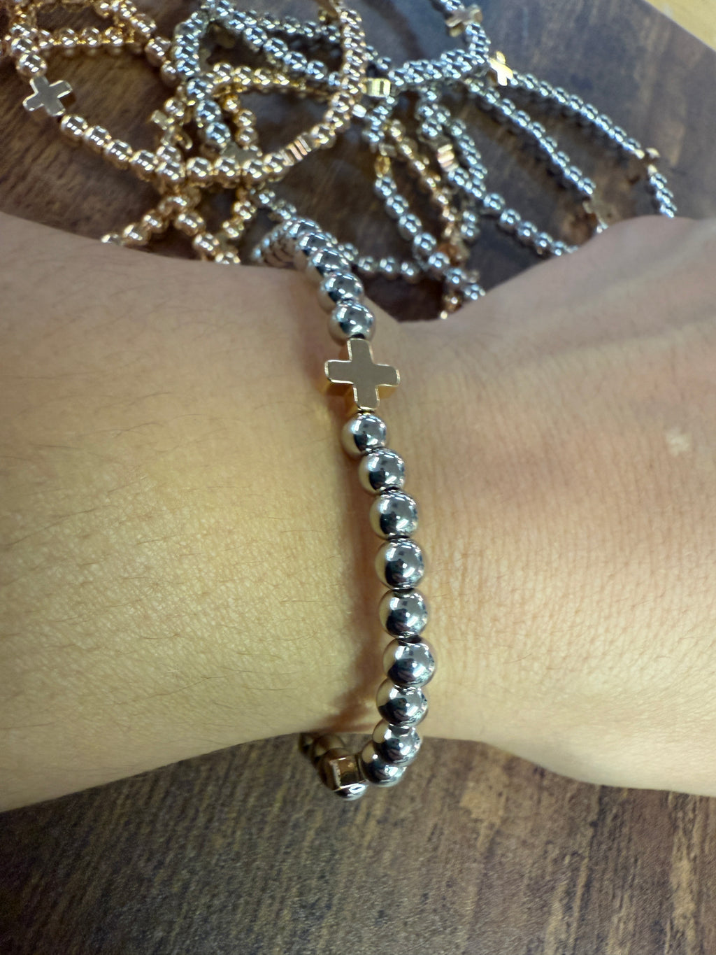Gold or Silver Beaded Bracelet w/ Cross Accent SET of 5