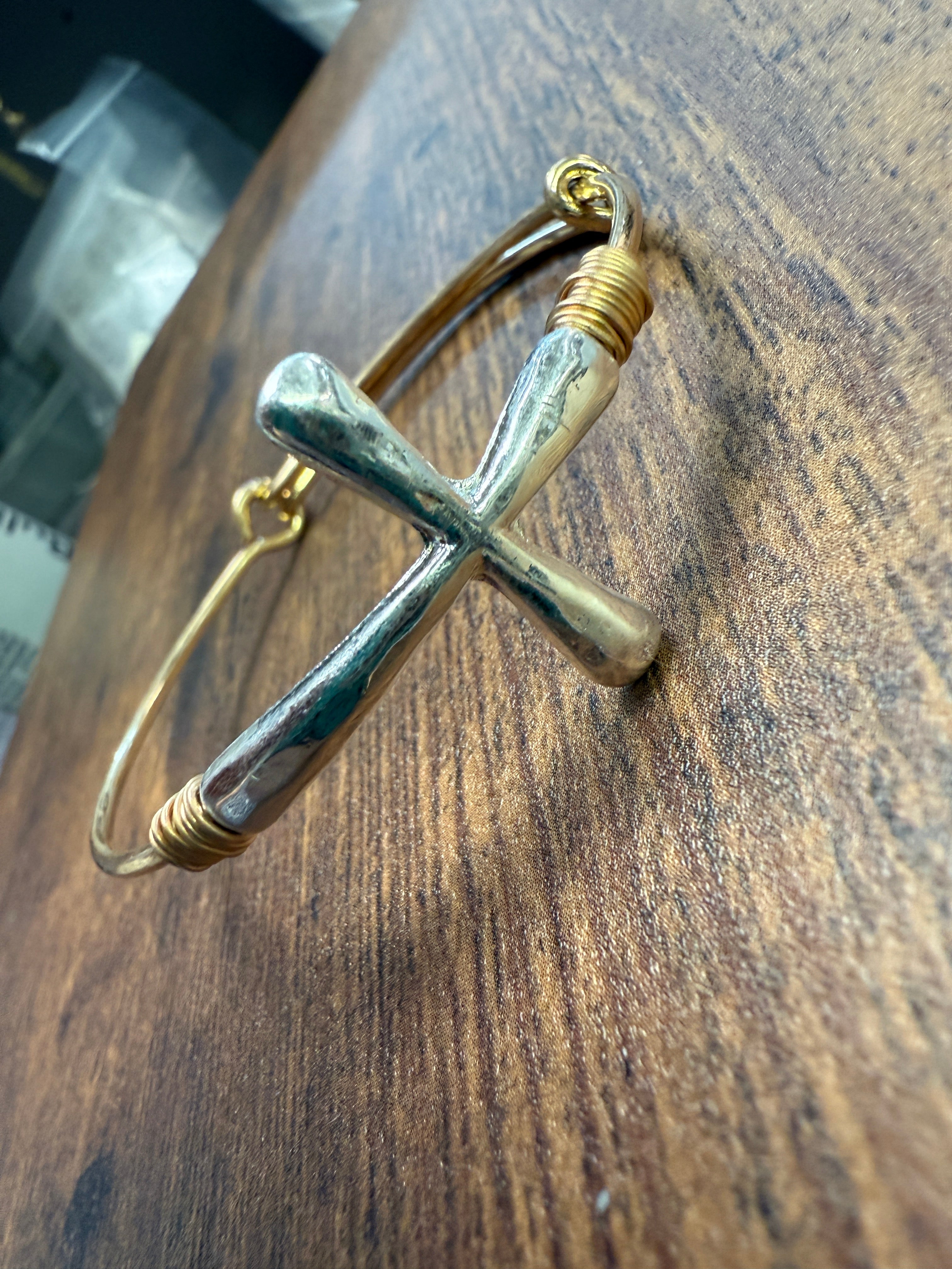 Two-tone Wire Wrapped Cross Bangle Bracelet