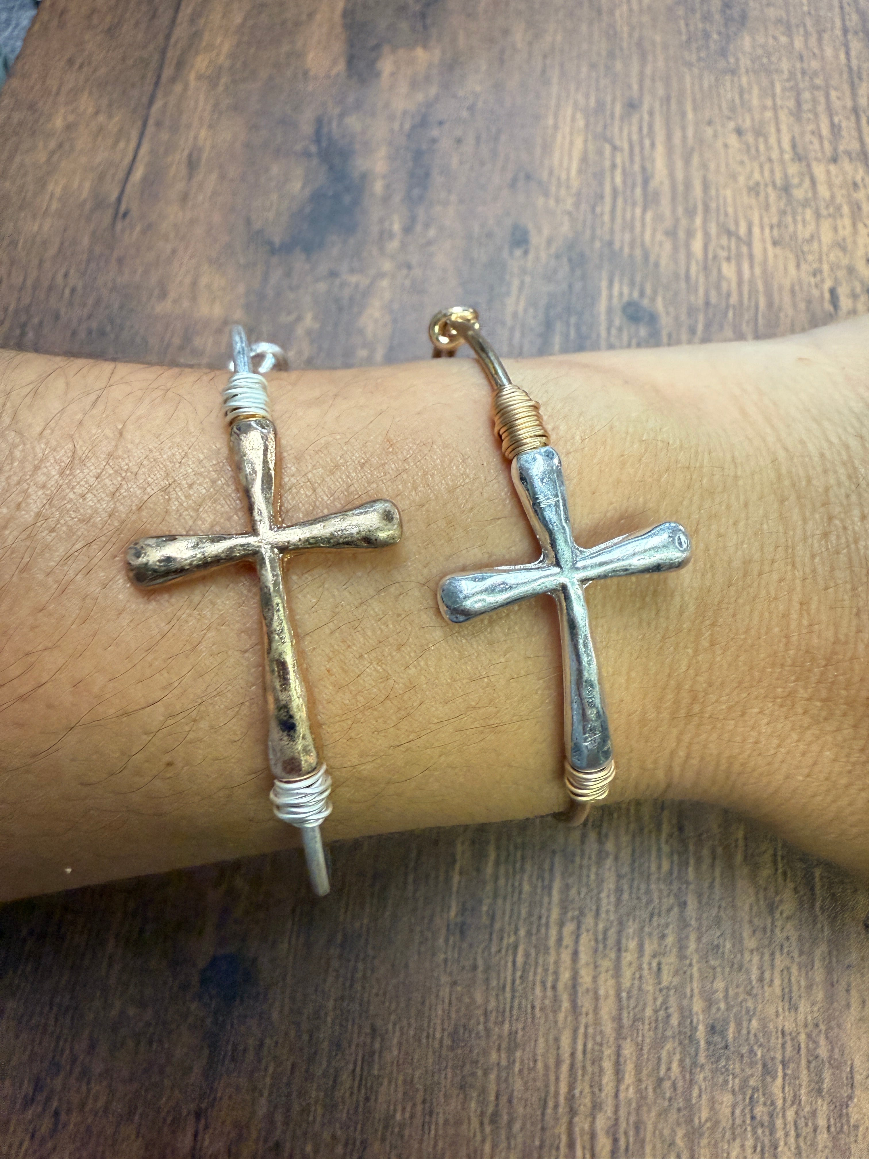 Two-tone Wire Wrapped Cross Bangle Bracelet