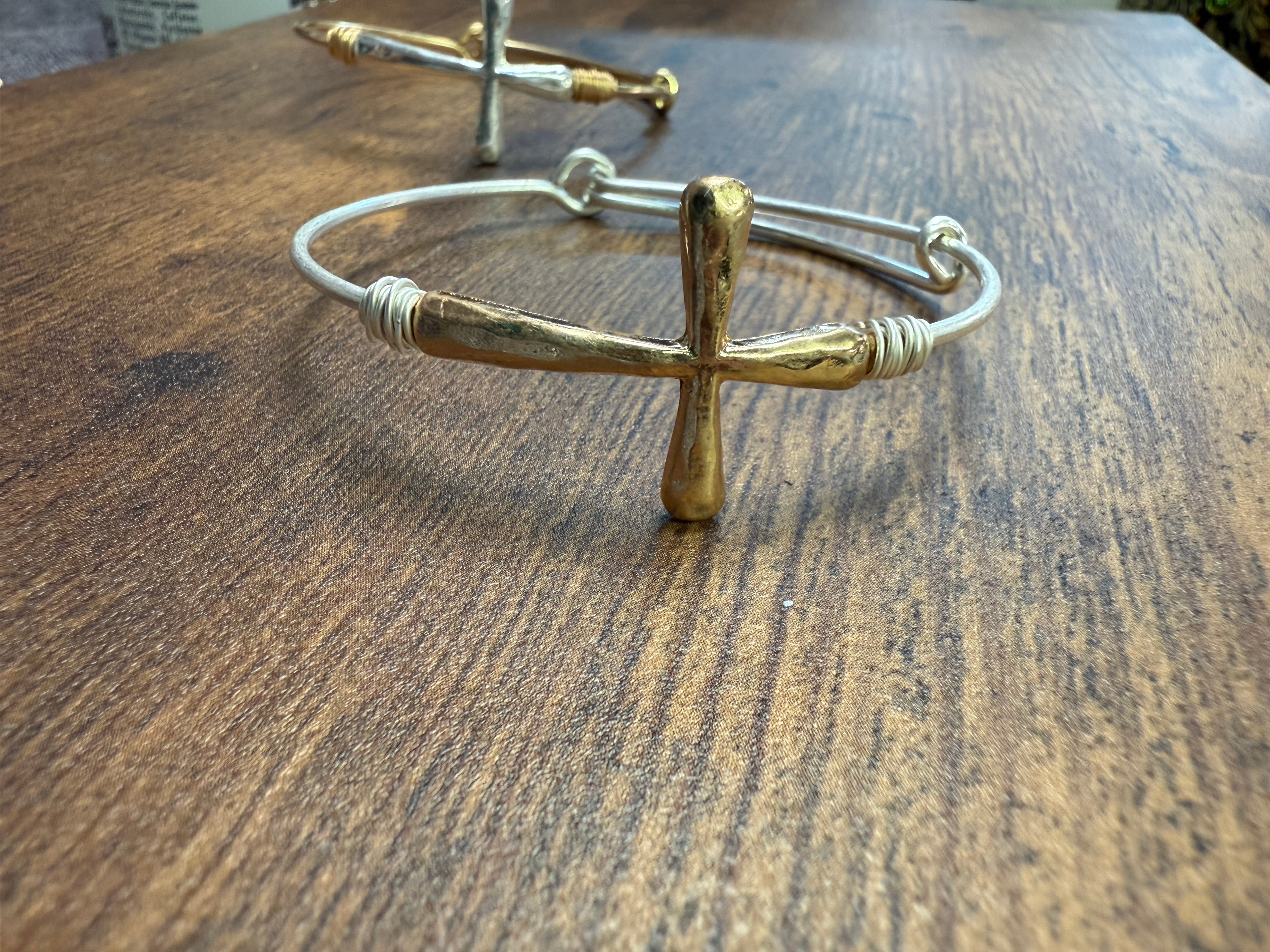 Two-tone Wire Wrapped Cross Bangle Bracelet