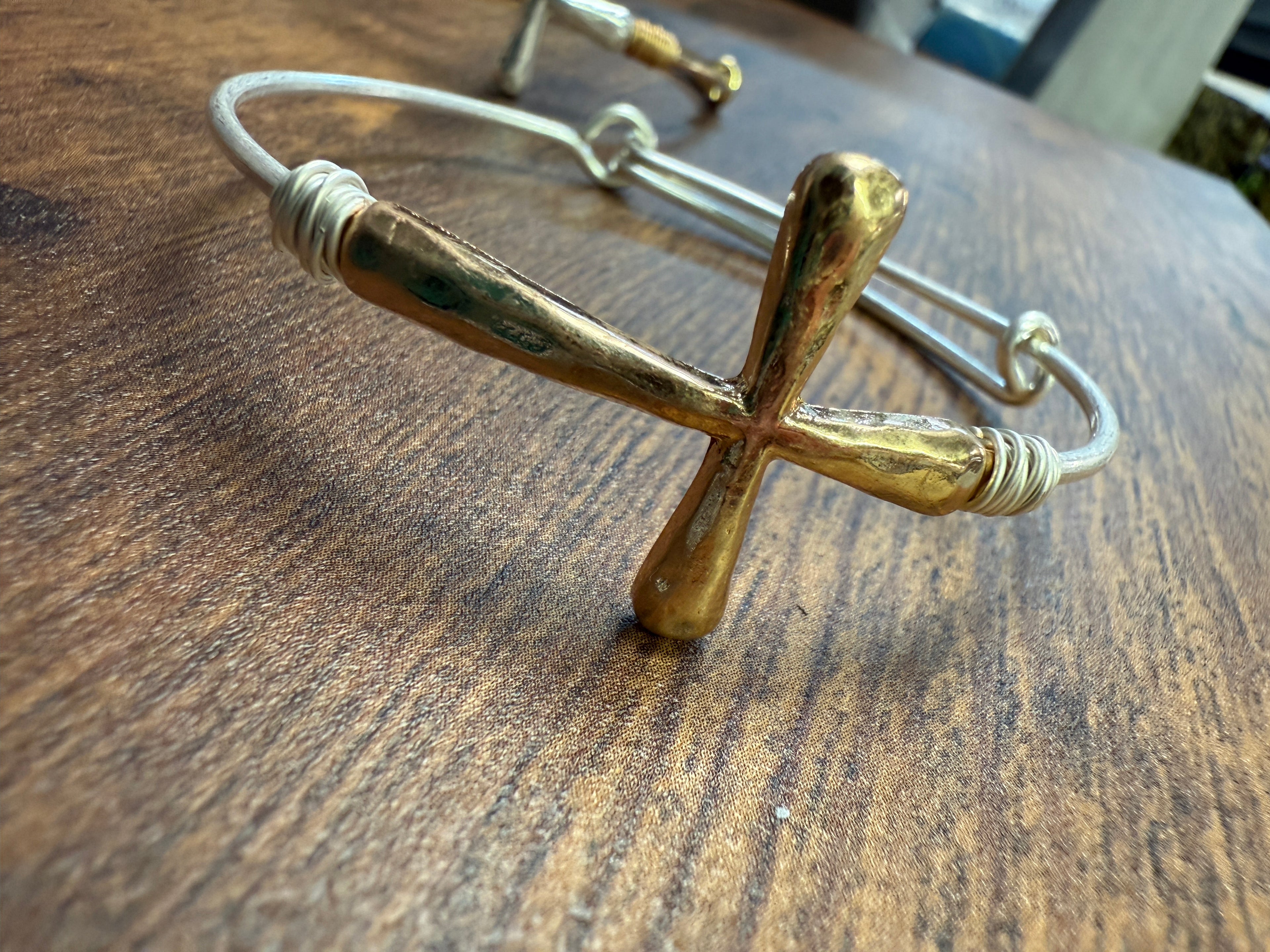 Two-tone Wire Wrapped Cross Bangle Bracelet