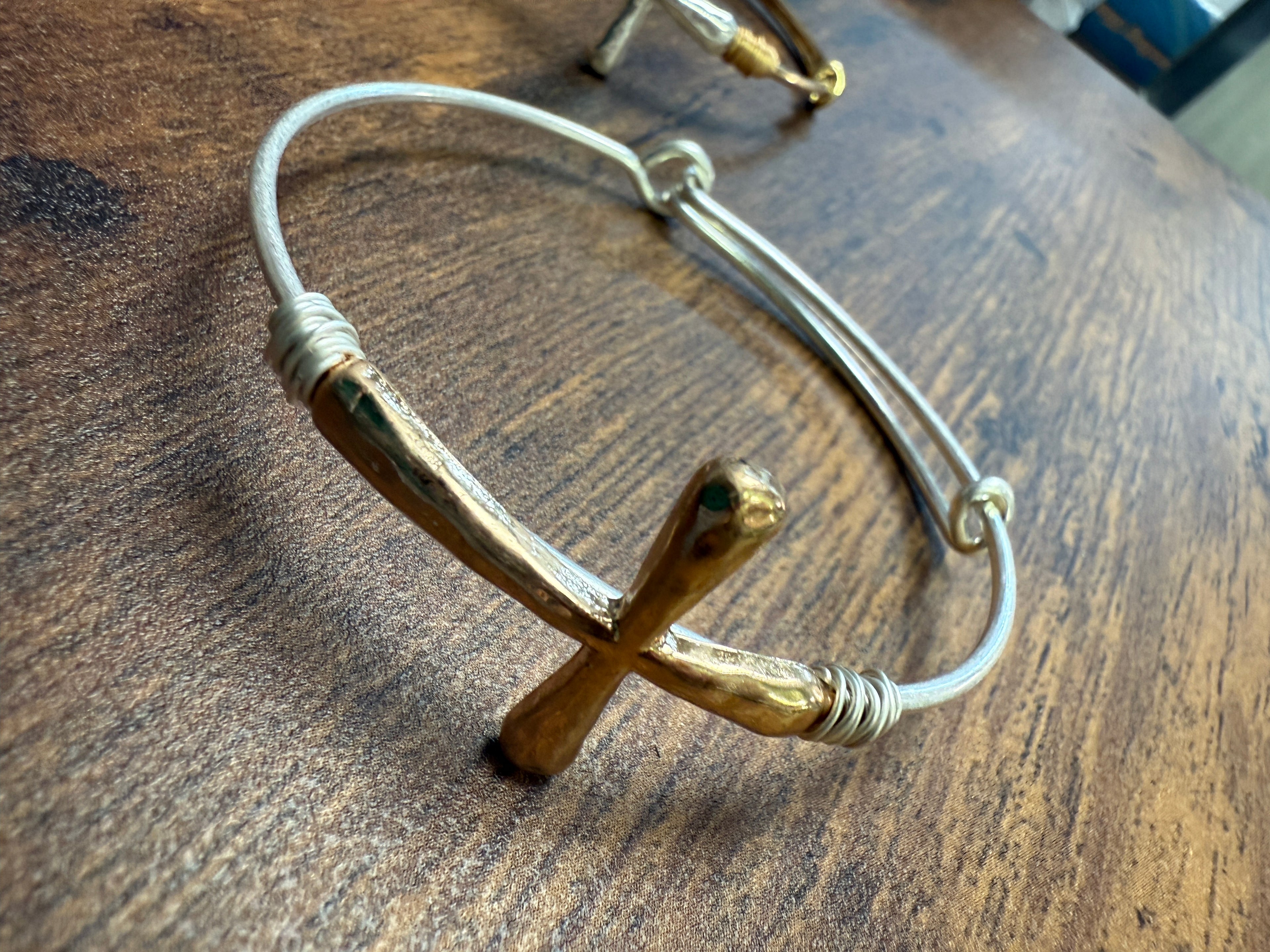 Two-tone Wire Wrapped Cross Bangle Bracelet