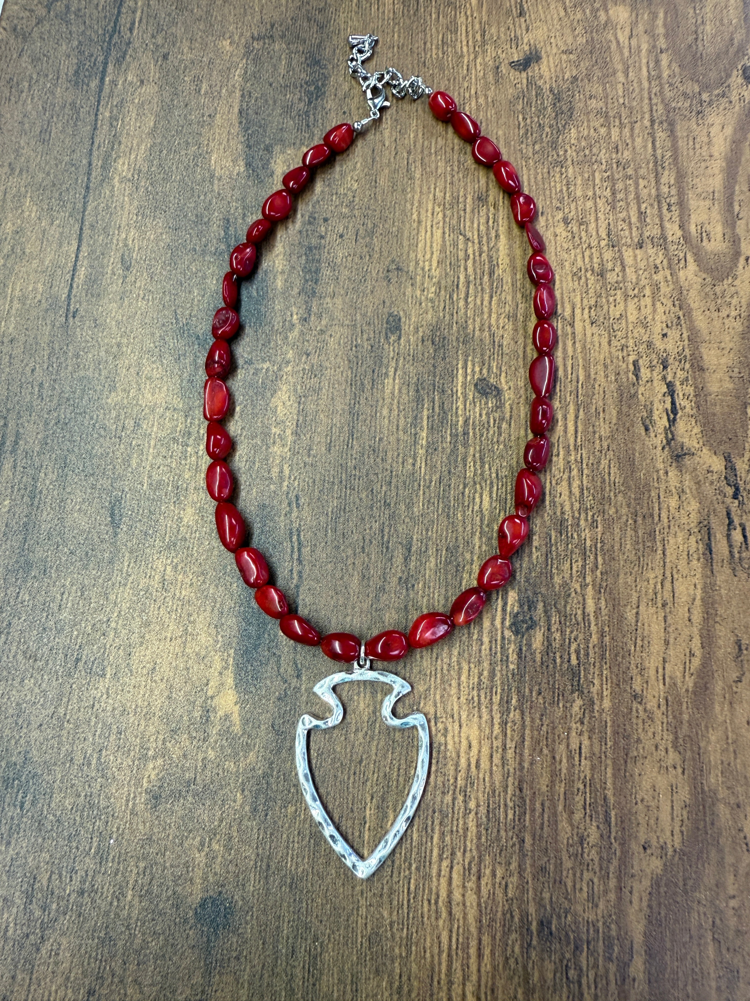 Red Coral Beaded Arrowhead Pendant Necklace