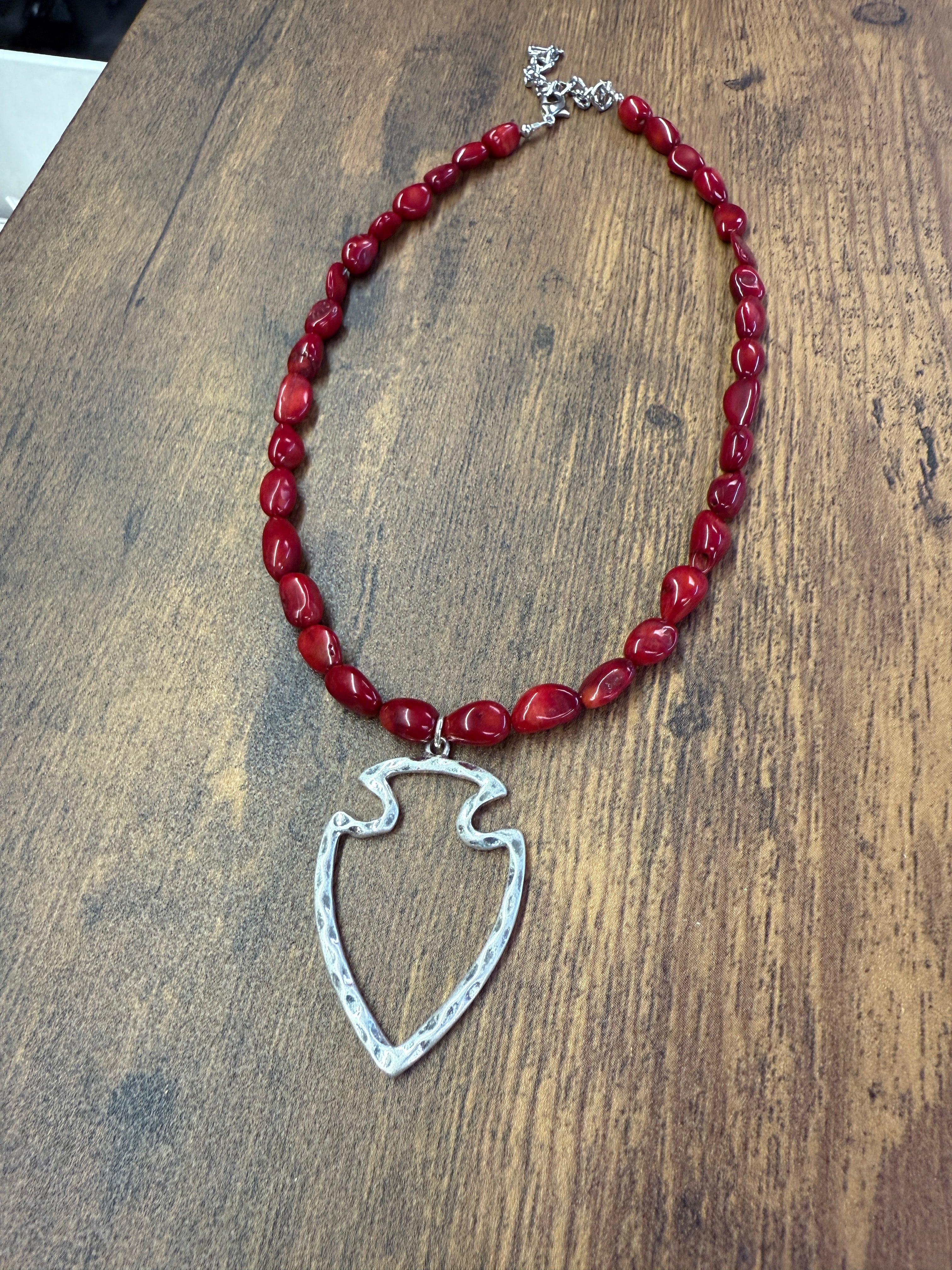 Red Coral Beaded Arrowhead Pendant Necklace