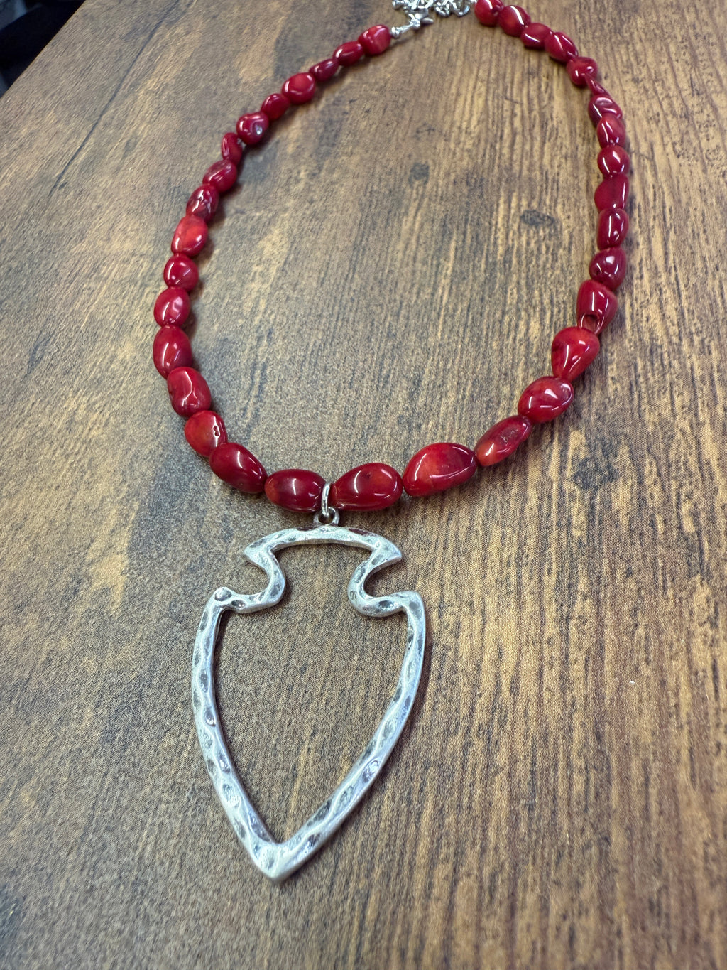 Red Coral Beaded Arrowhead Pendant Necklace
