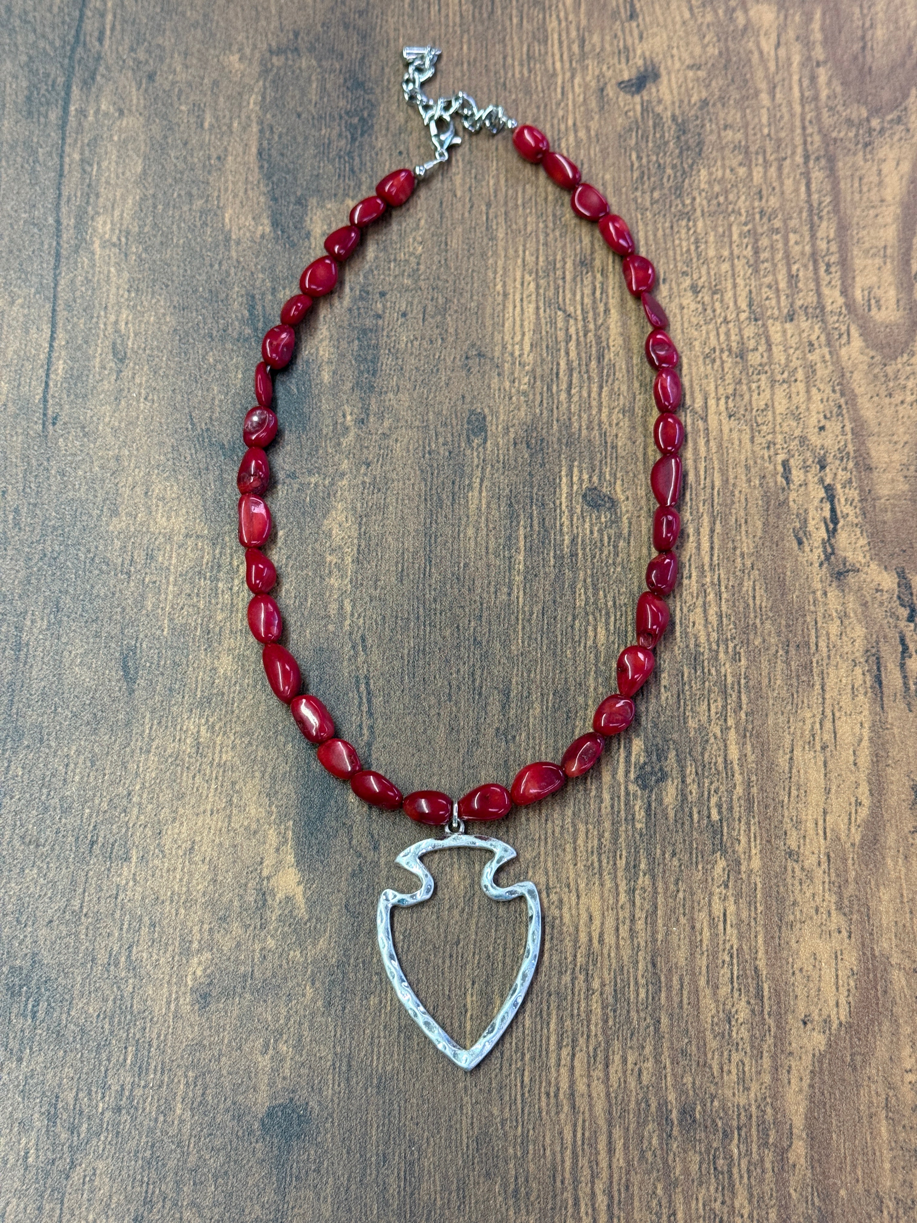 Red Coral Beaded Arrowhead Pendant Necklace