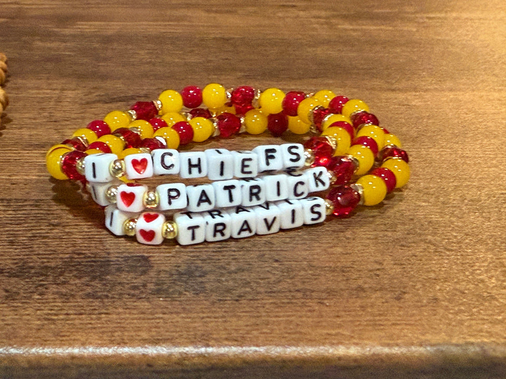 "I <3 TRAVIS" Red and Yellow Stretch Beaded Bracelet