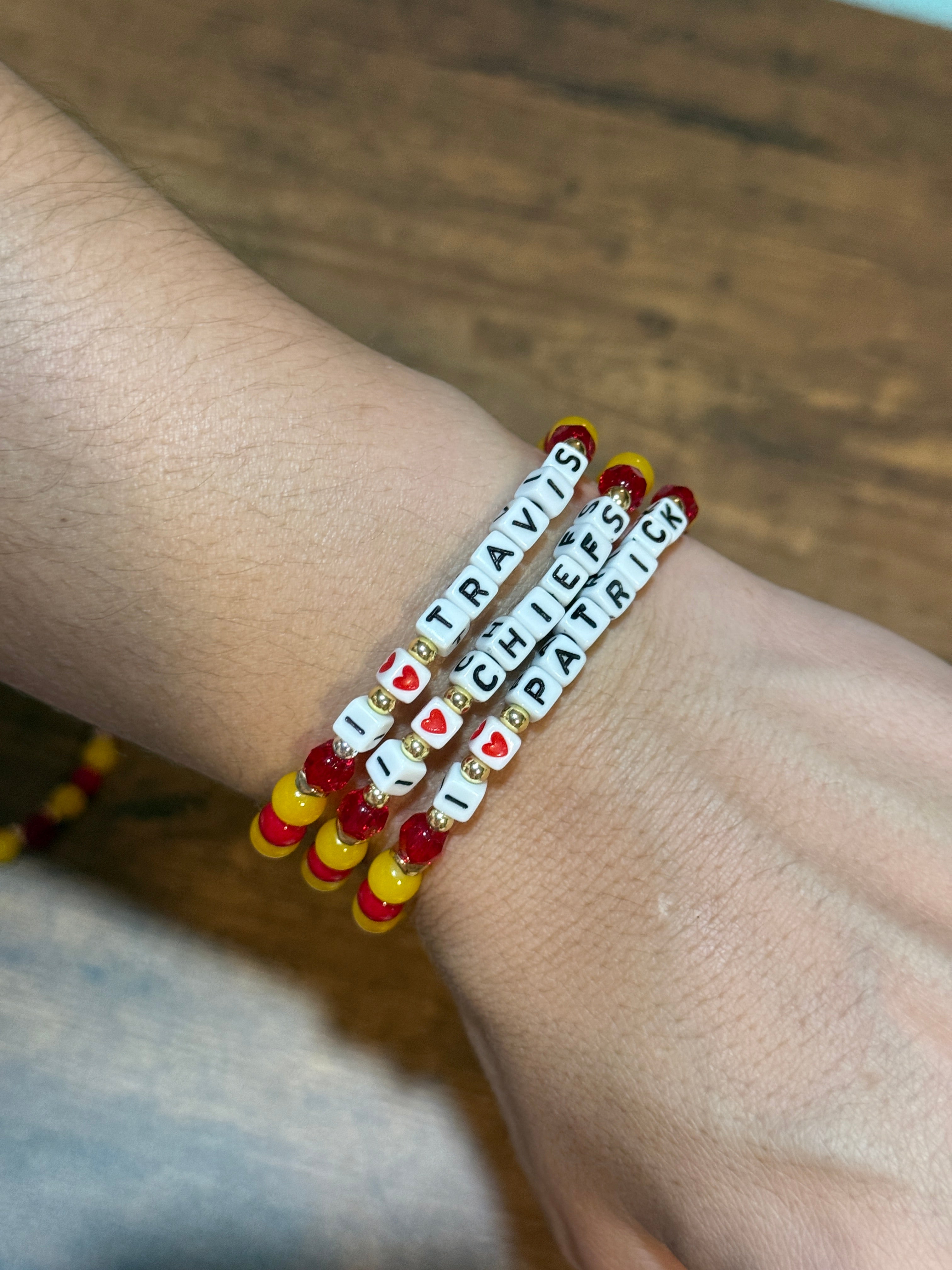 "I <3 CHIEFS" Red and Yellow Stretch Beaded Bracelet