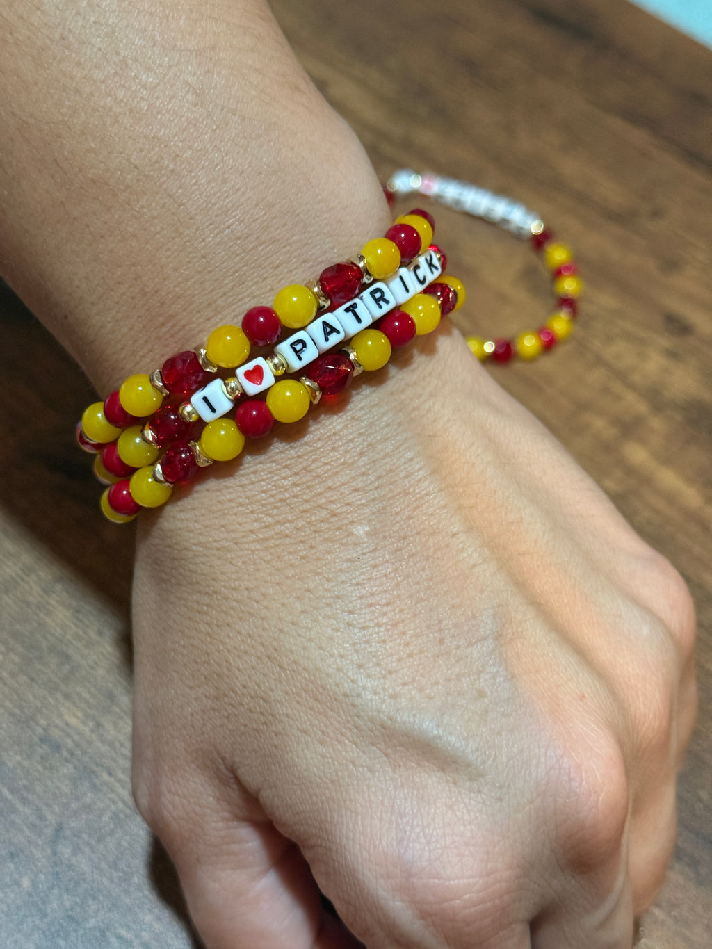 "I <3 PATRICK" Red and Yellow Stretch Beaded Bracelet