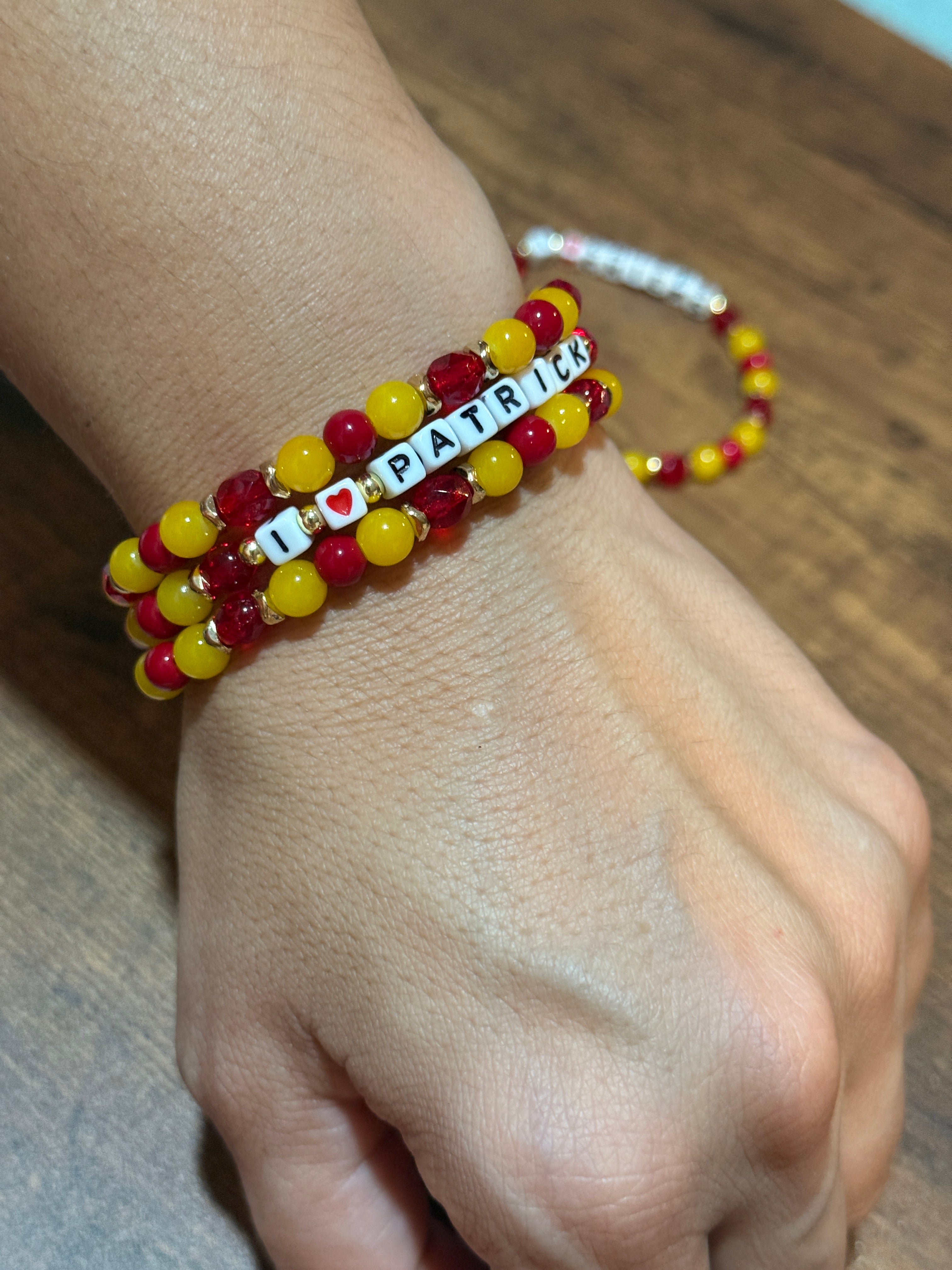 "I <3 PATRICK" Red and Yellow Stretch Beaded Bracelet