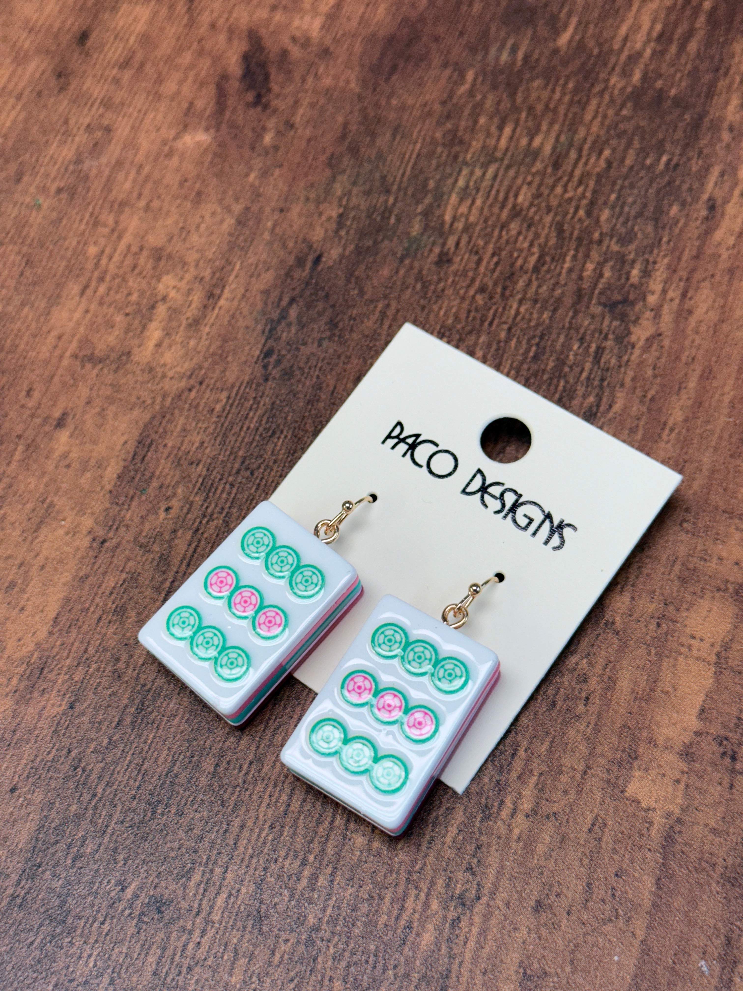 Green & Pink Mahjong Tile Acrylic Earrings