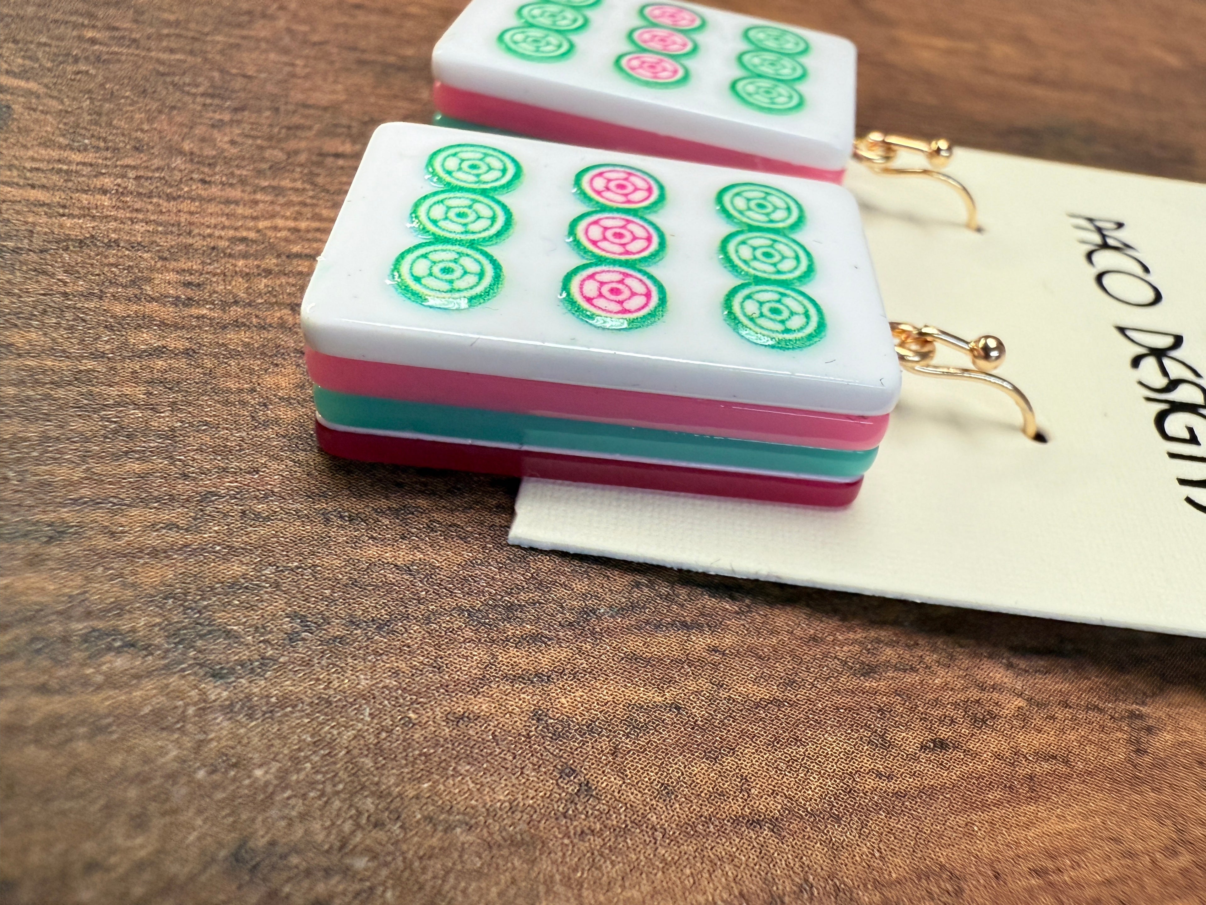 Green & Pink Mahjong Tile Acrylic Earrings