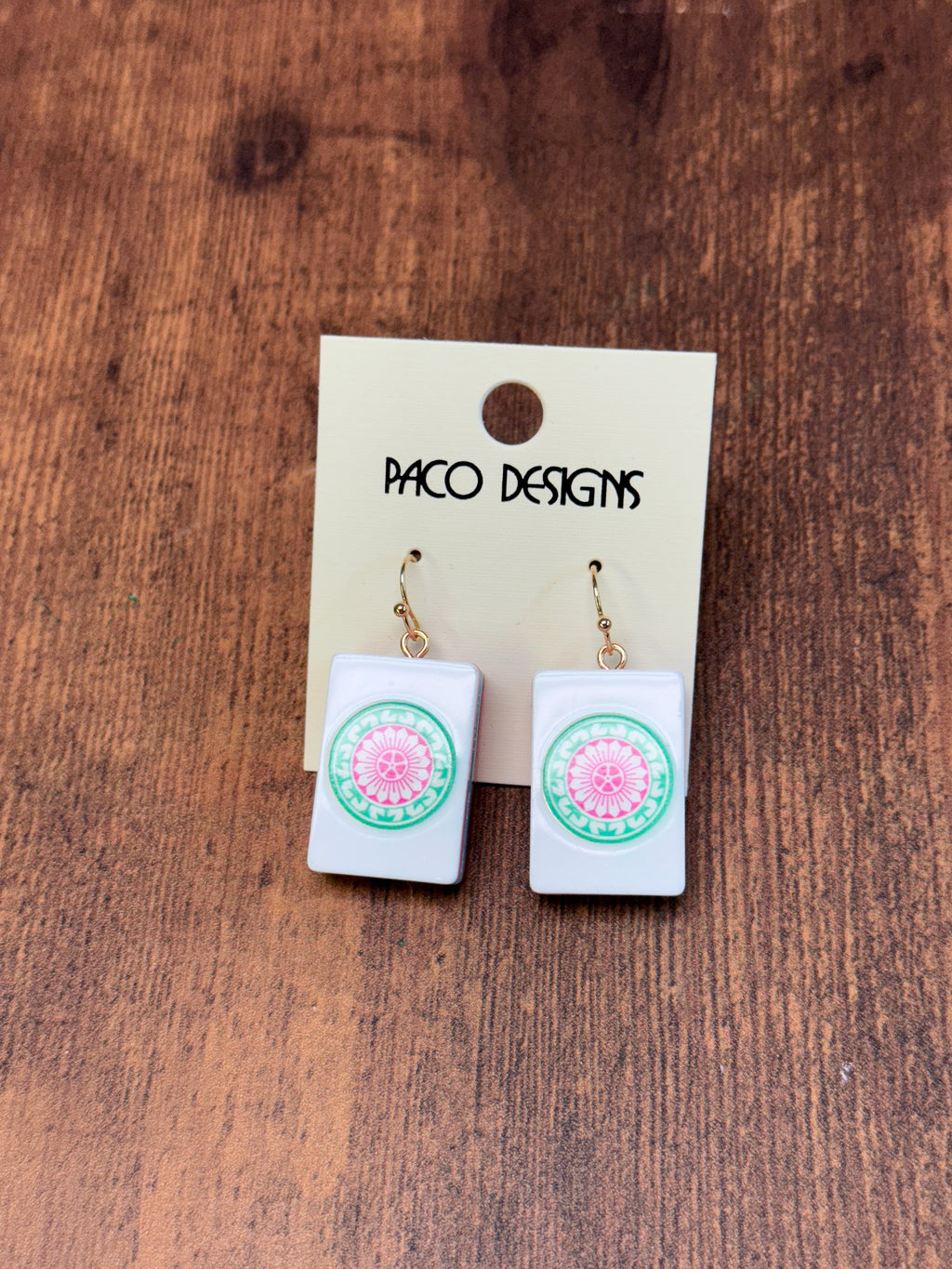 Green & Pink Mahjong Tile Acrylic Earrings