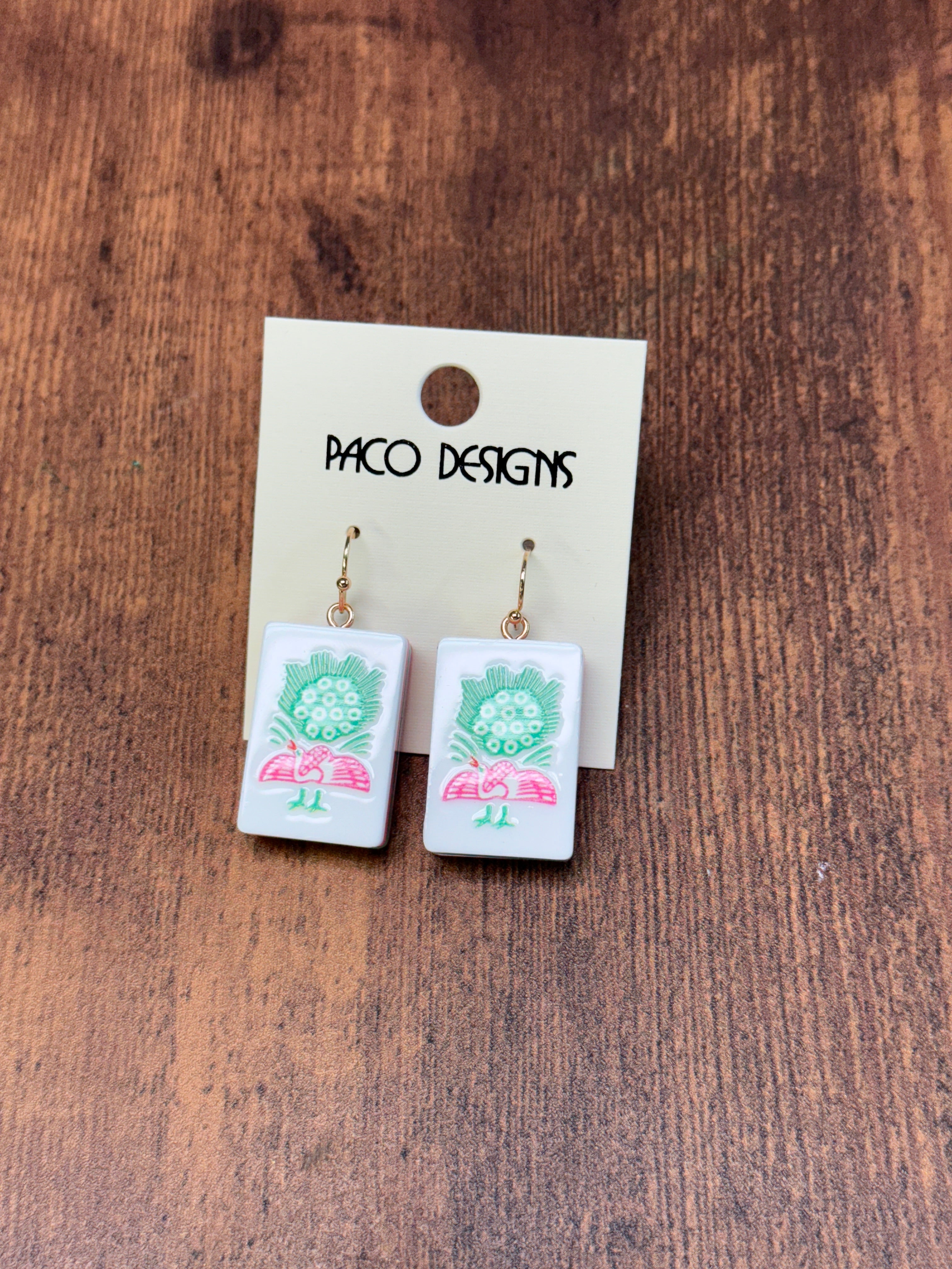 Green & Pink Mahjong Tile Acrylic Earrings