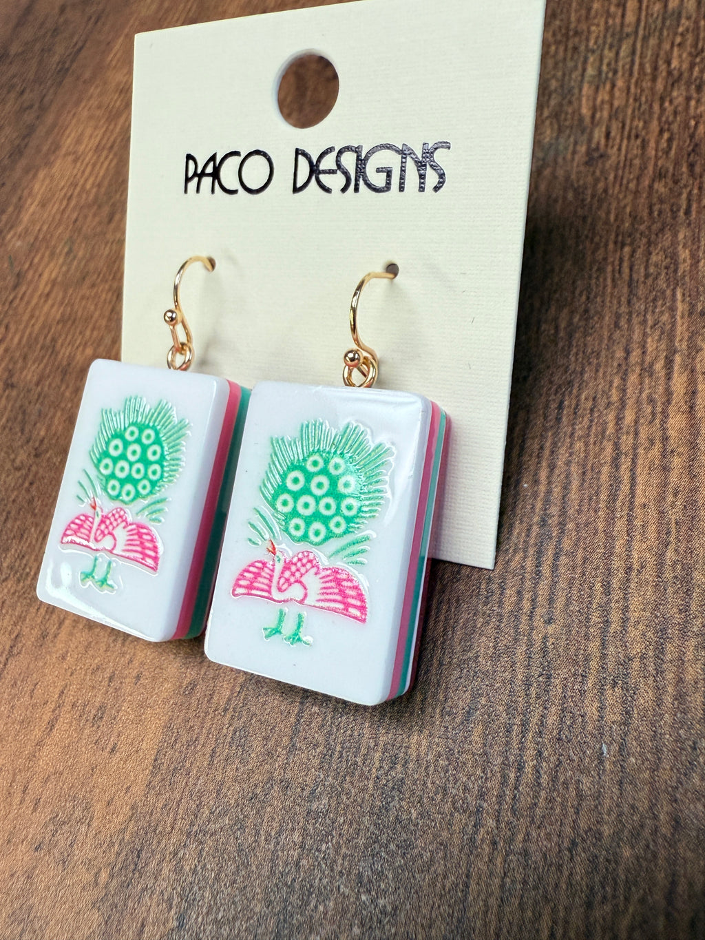 Green & Pink Mahjong Tile Acrylic Earrings