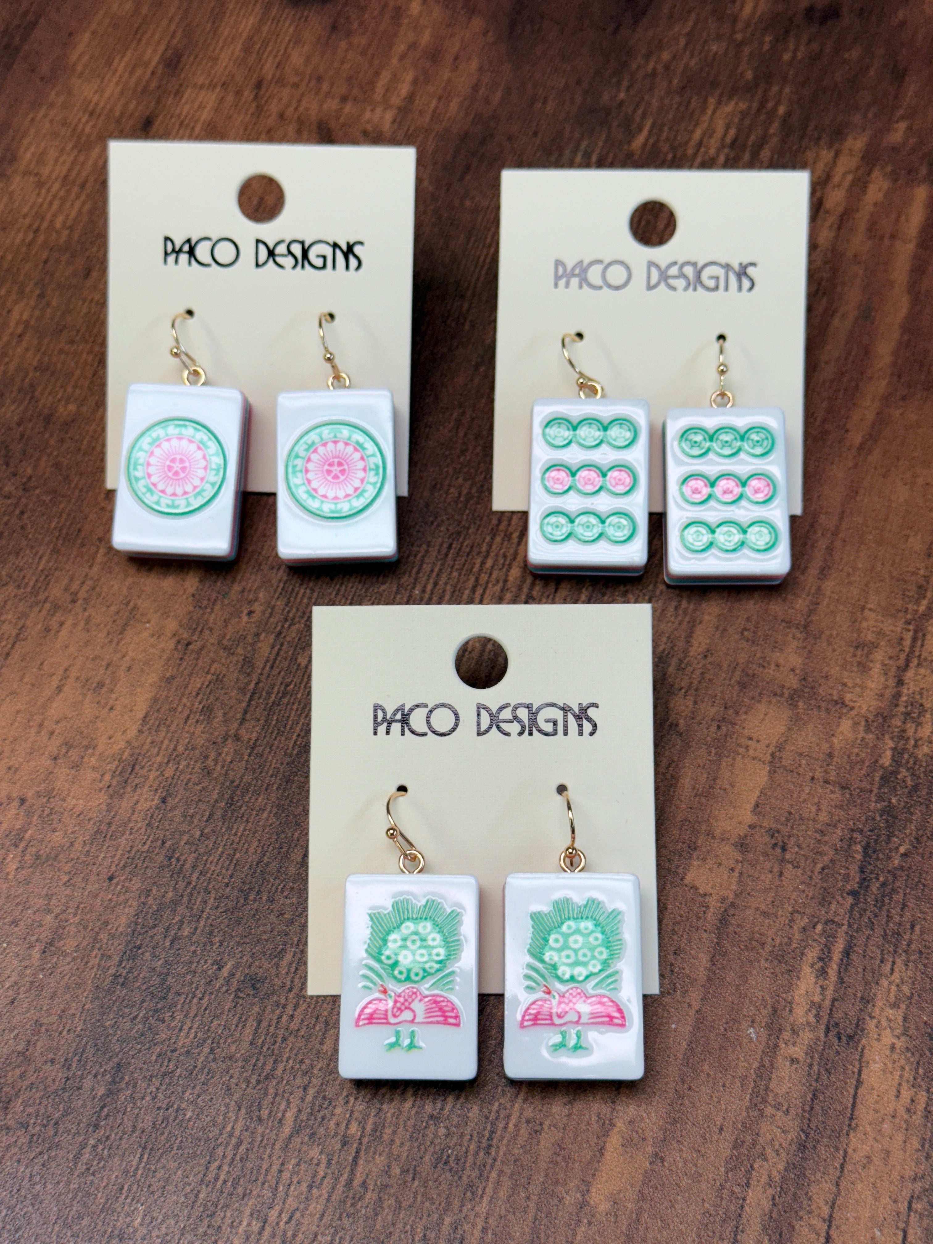 Green & Pink Mahjong Tile Acrylic Earrings