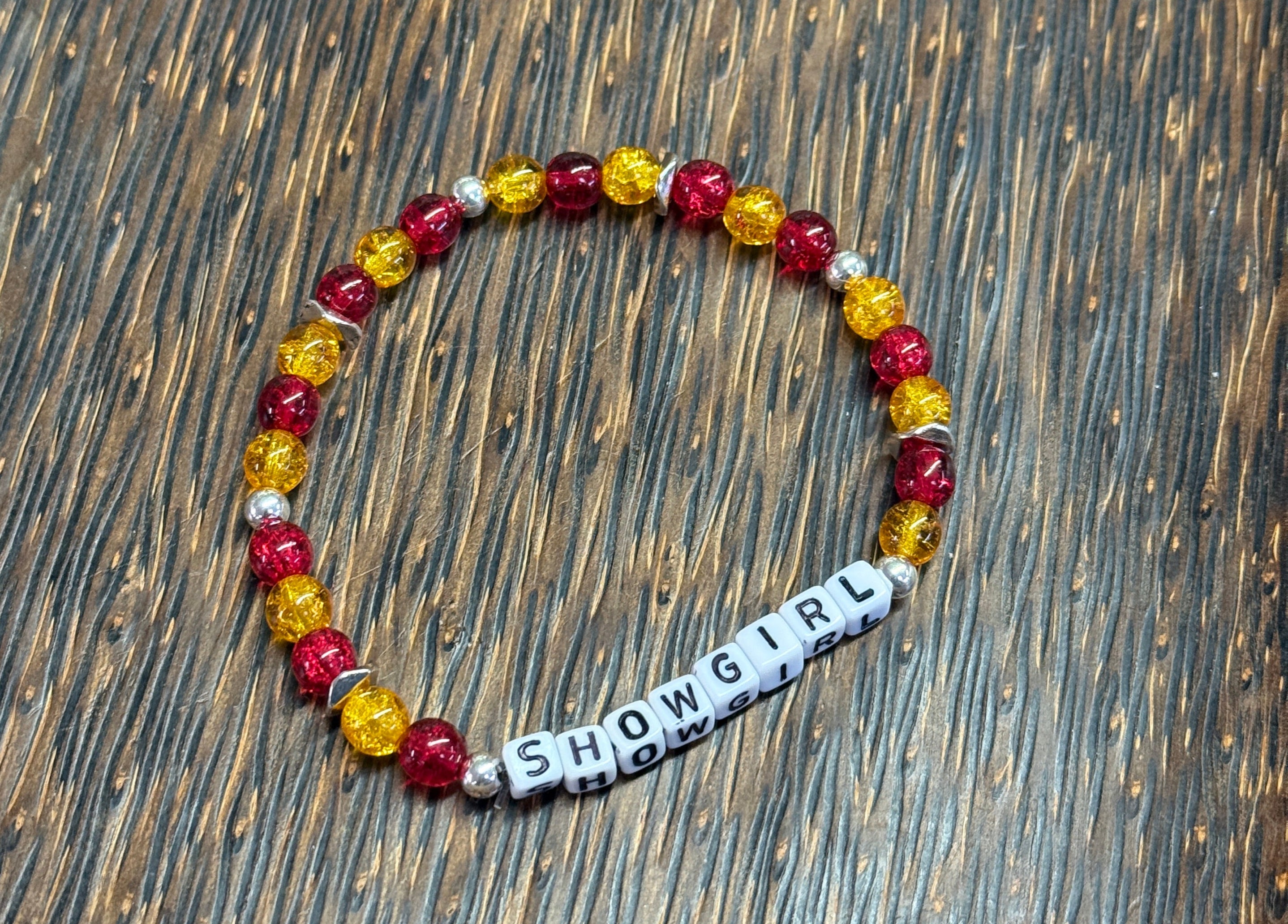 "Showgirl" Red and Yellow Crackle Beaded Bracelet