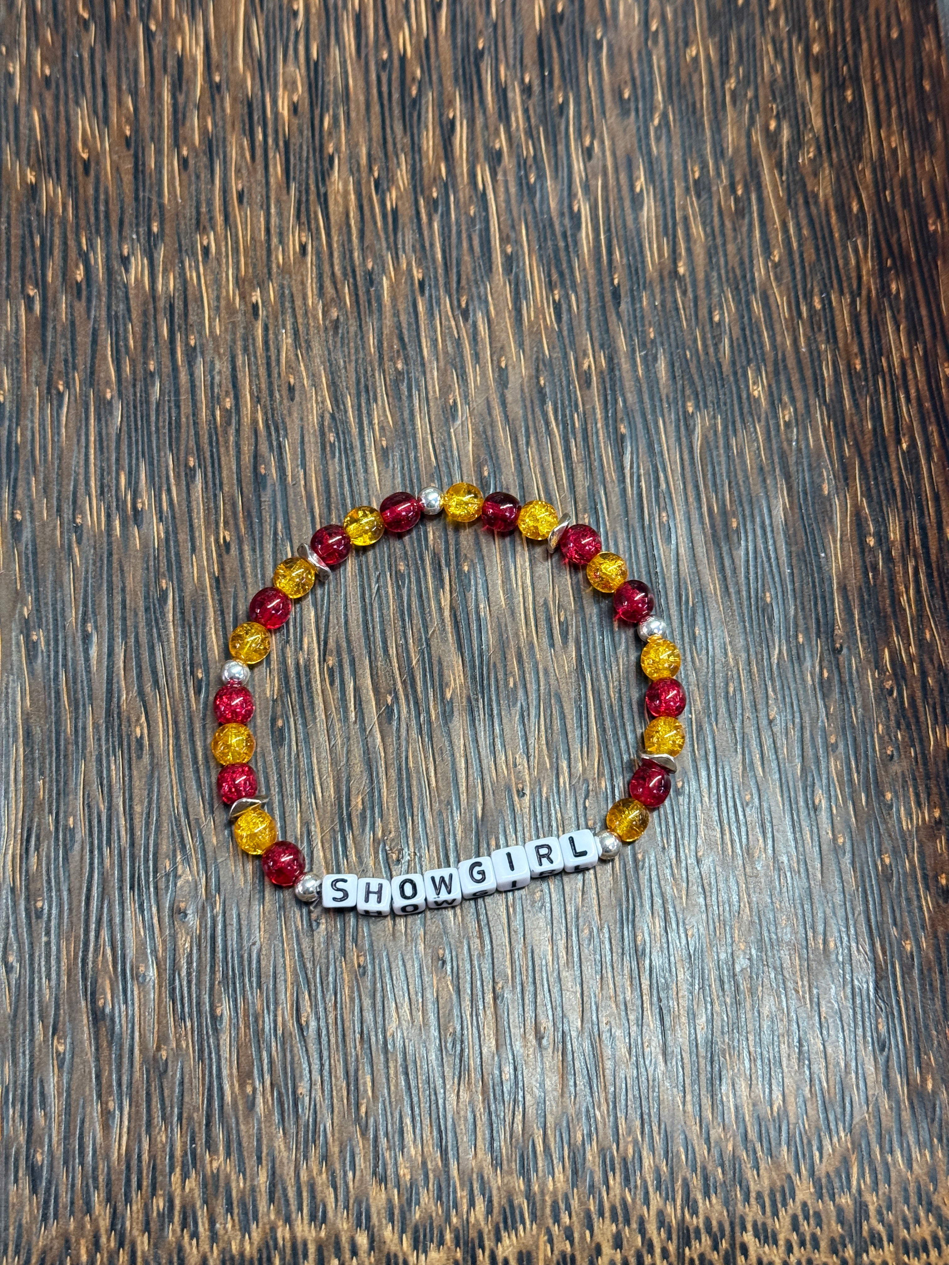 "Showgirl" Red and Yellow Crackle Beaded Bracelet