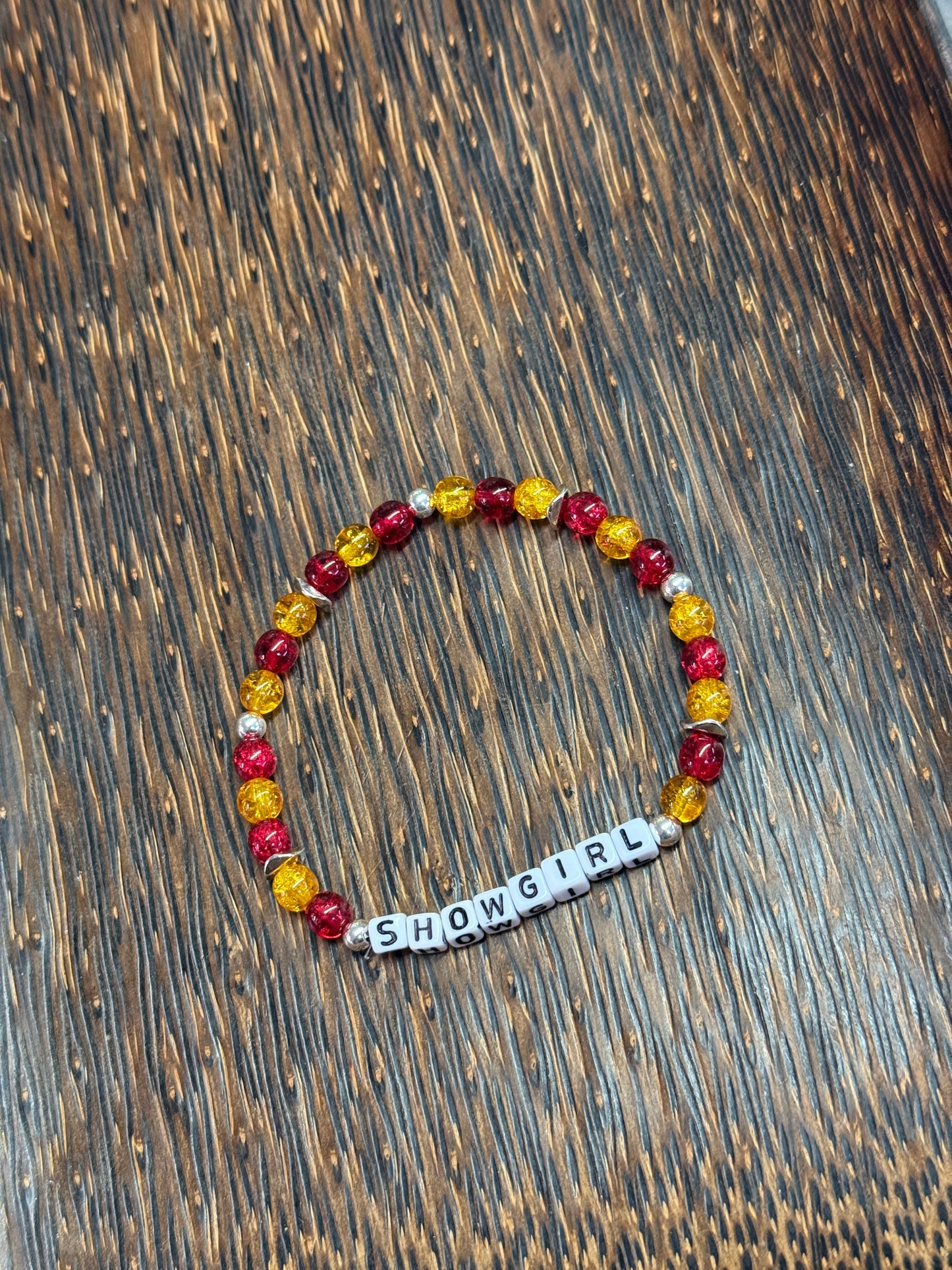 "Showgirl" Red and Yellow Crackle Beaded Bracelet