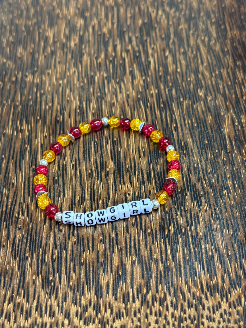 "Showgirl" Red and Yellow Crackle Beaded Bracelet
