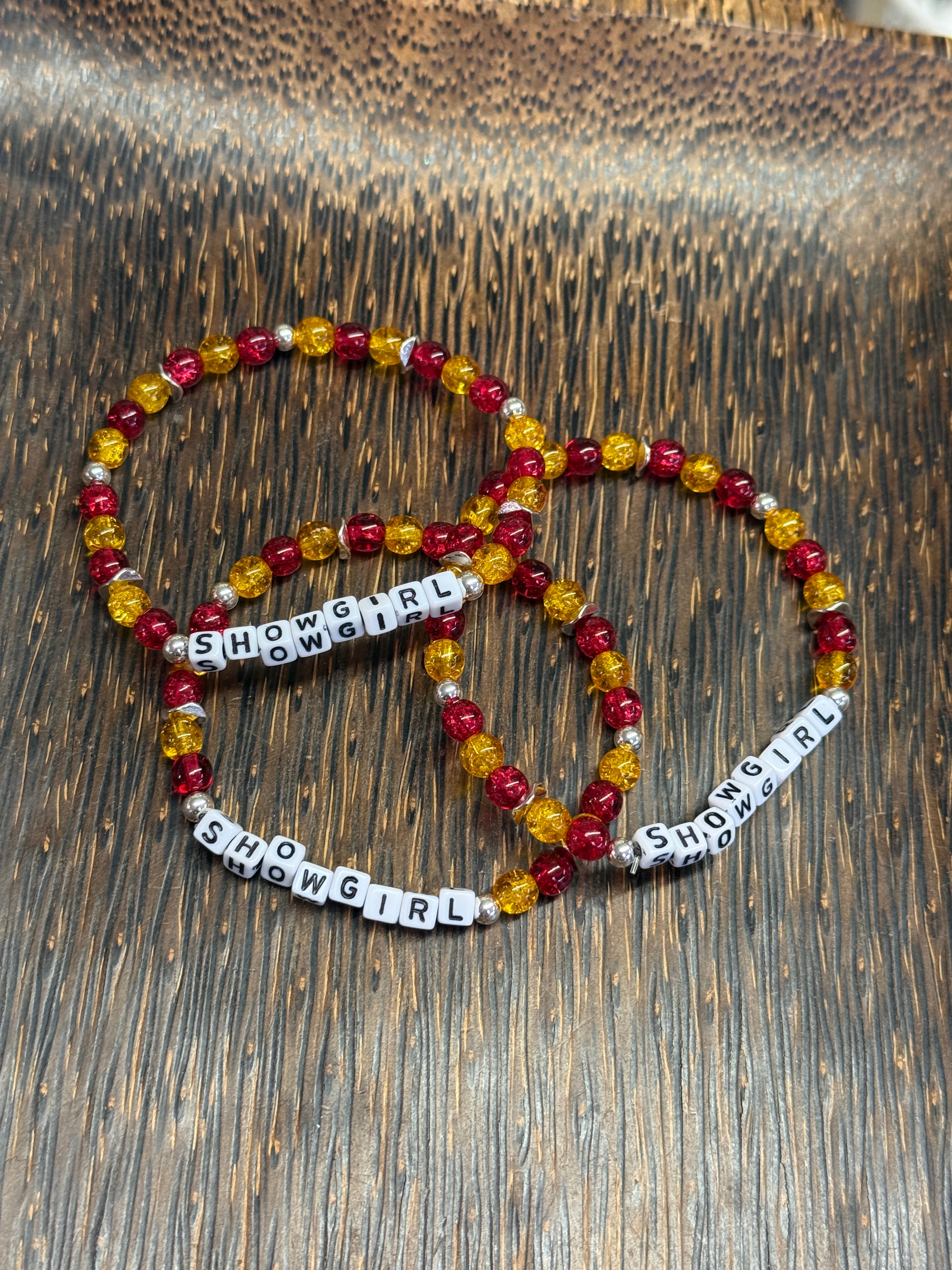 "Showgirl" Red and Yellow Crackle Beaded Bracelet
