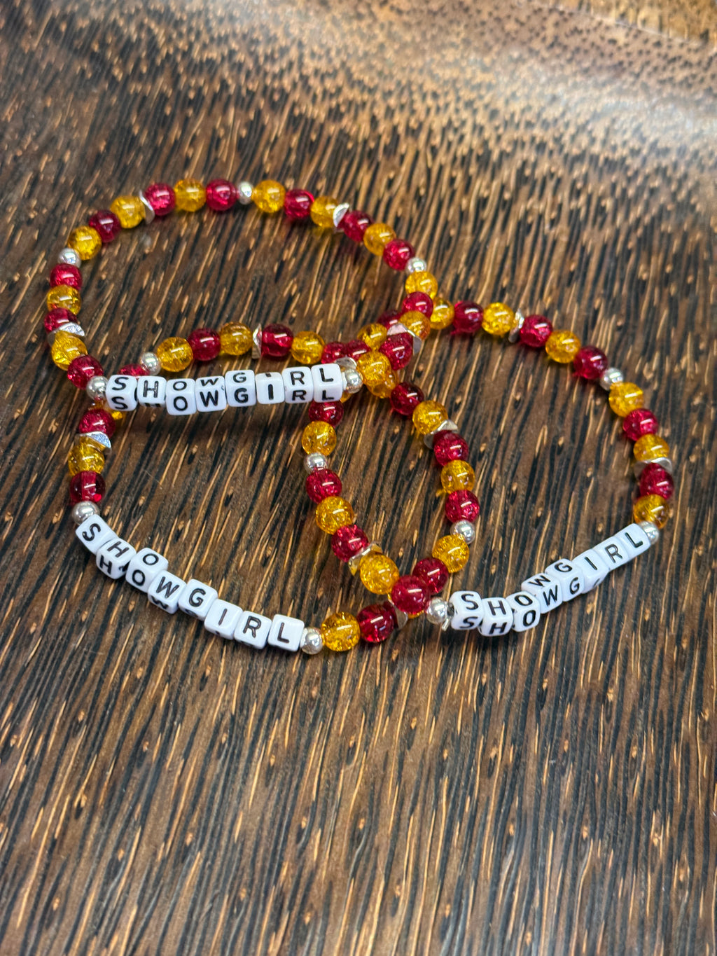 "Showgirl" Red and Yellow Crackle Beaded Bracelet