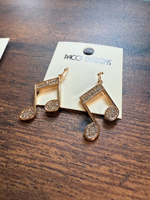 Beautiful Gold Rhinestone Classic Music Note Earrings