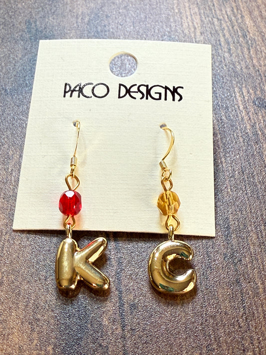 Gold Bubble Letter K C Chiefs Earrings