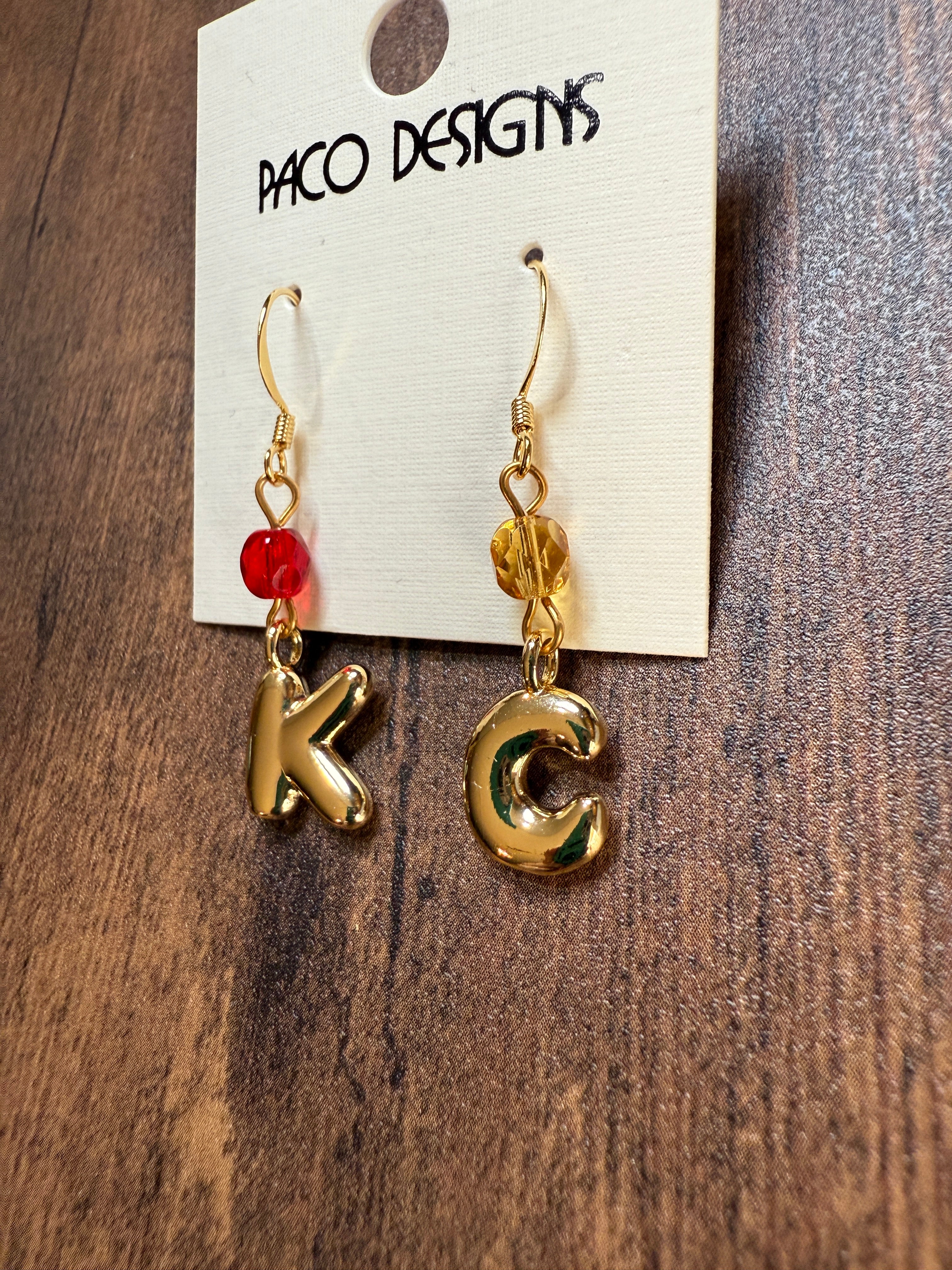Gold Bubble Letter K C Chiefs Earrings