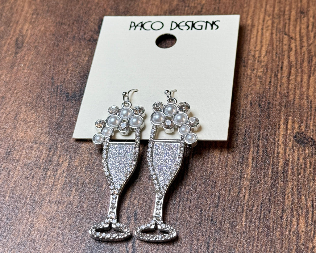 Sparkly Silver Champagne Flute Earrings with Pearls