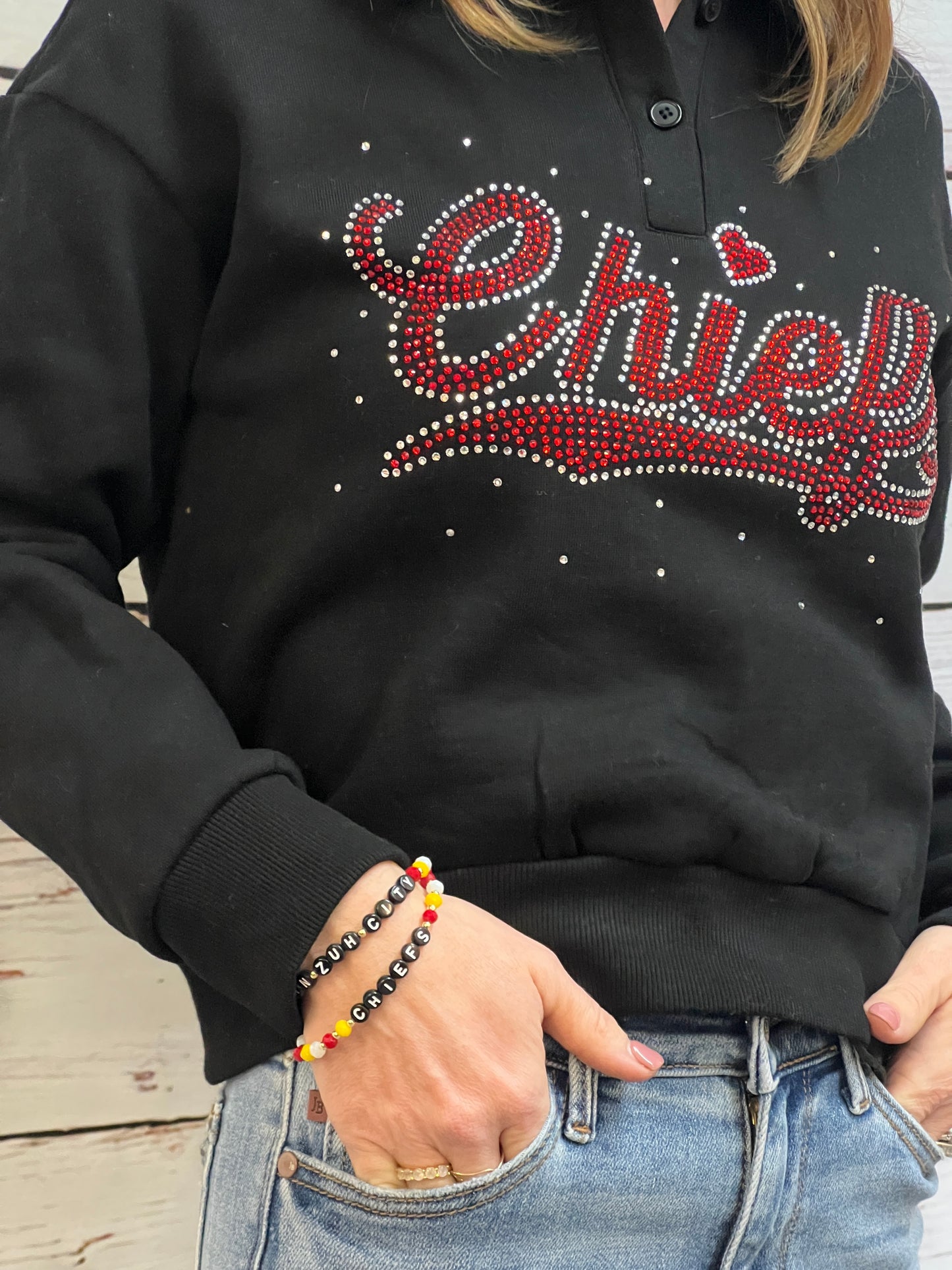 Chiefs Bling Black 1/4 Button Up Sweater Crop