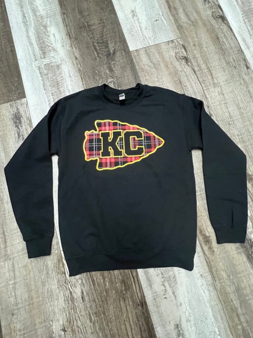 KC Plaid Arrowhead on Crewneck Sweatshirt Black or Red