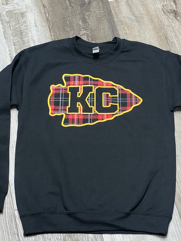 KC Plaid Arrowhead on Crewneck Sweatshirt Black or Red