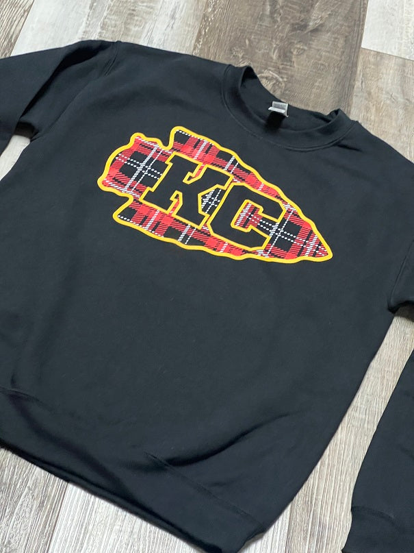 KC Plaid Arrowhead on Crewneck Sweatshirt Black or Red