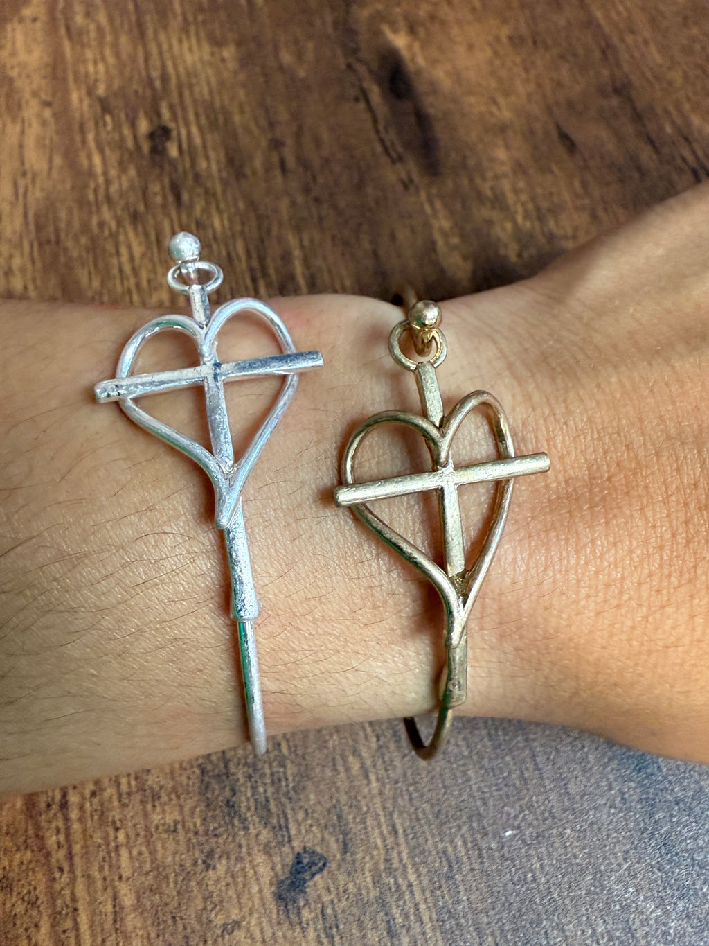 Heart & Cross Wire Bangle Bracelet