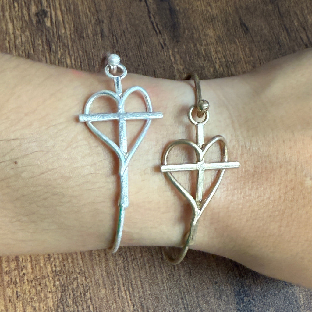 Heart & Cross Wire Bangle Bracelet