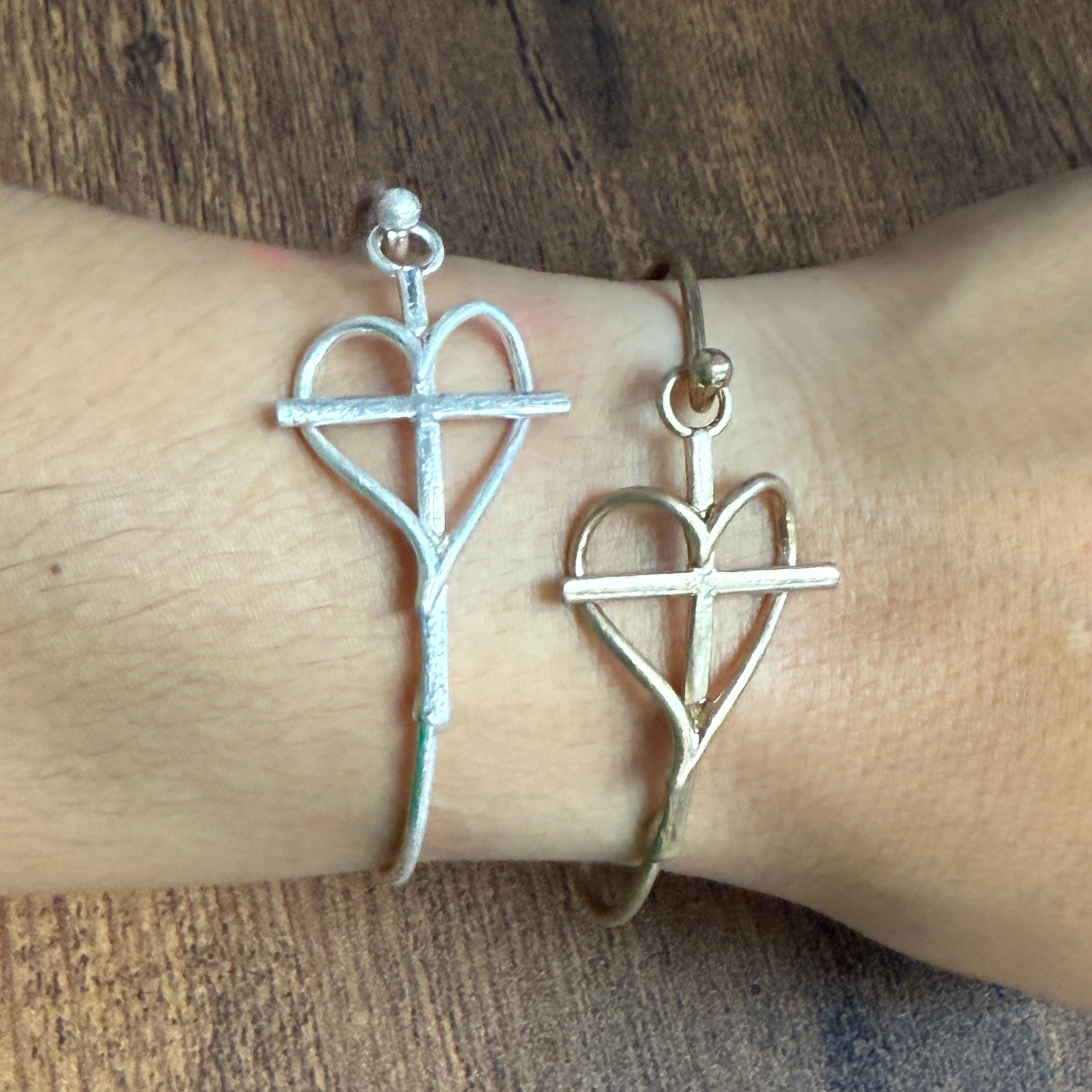 Heart & Cross Wire Bangle Bracelet