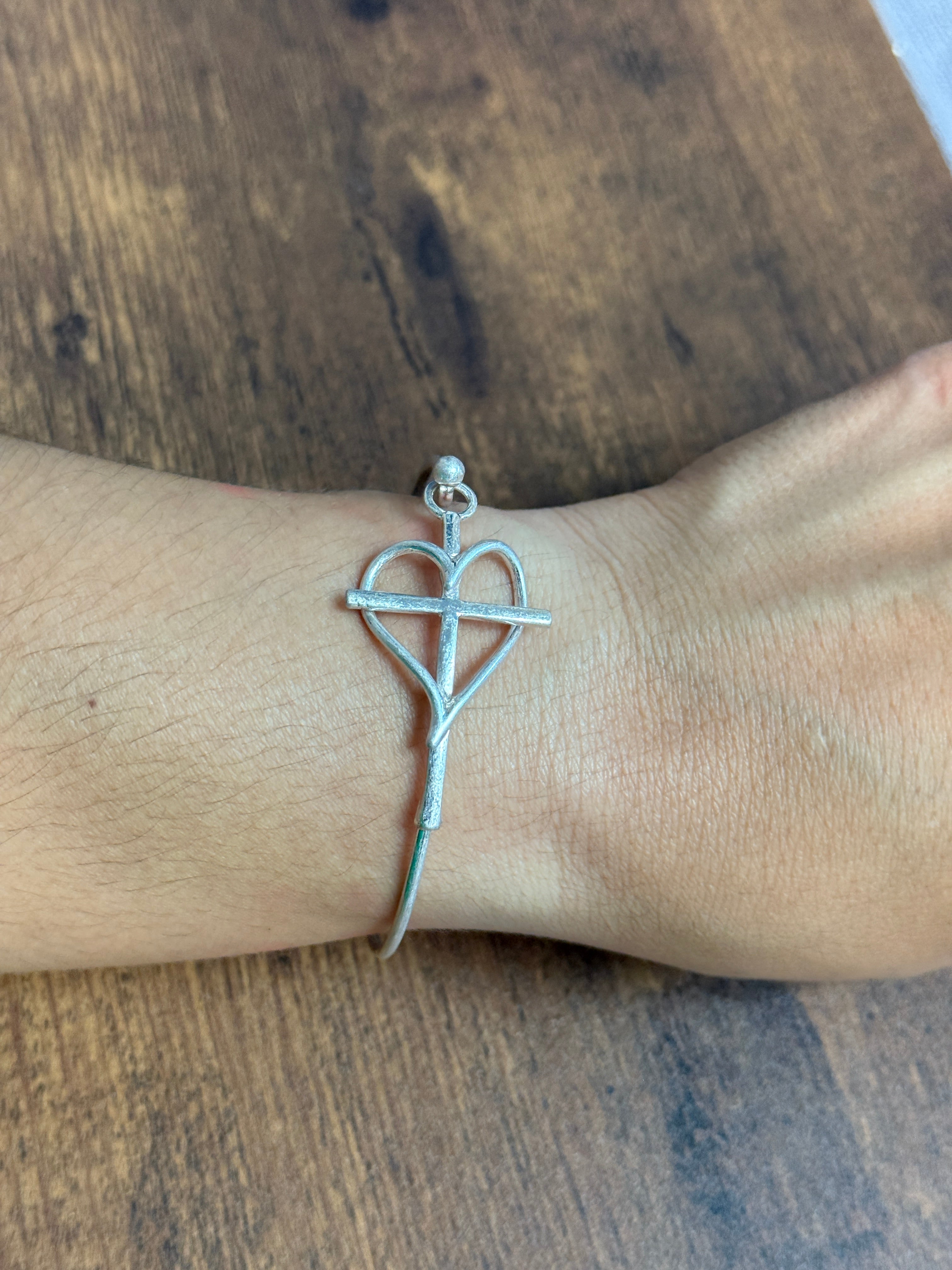Heart & Cross Wire Bangle Bracelet