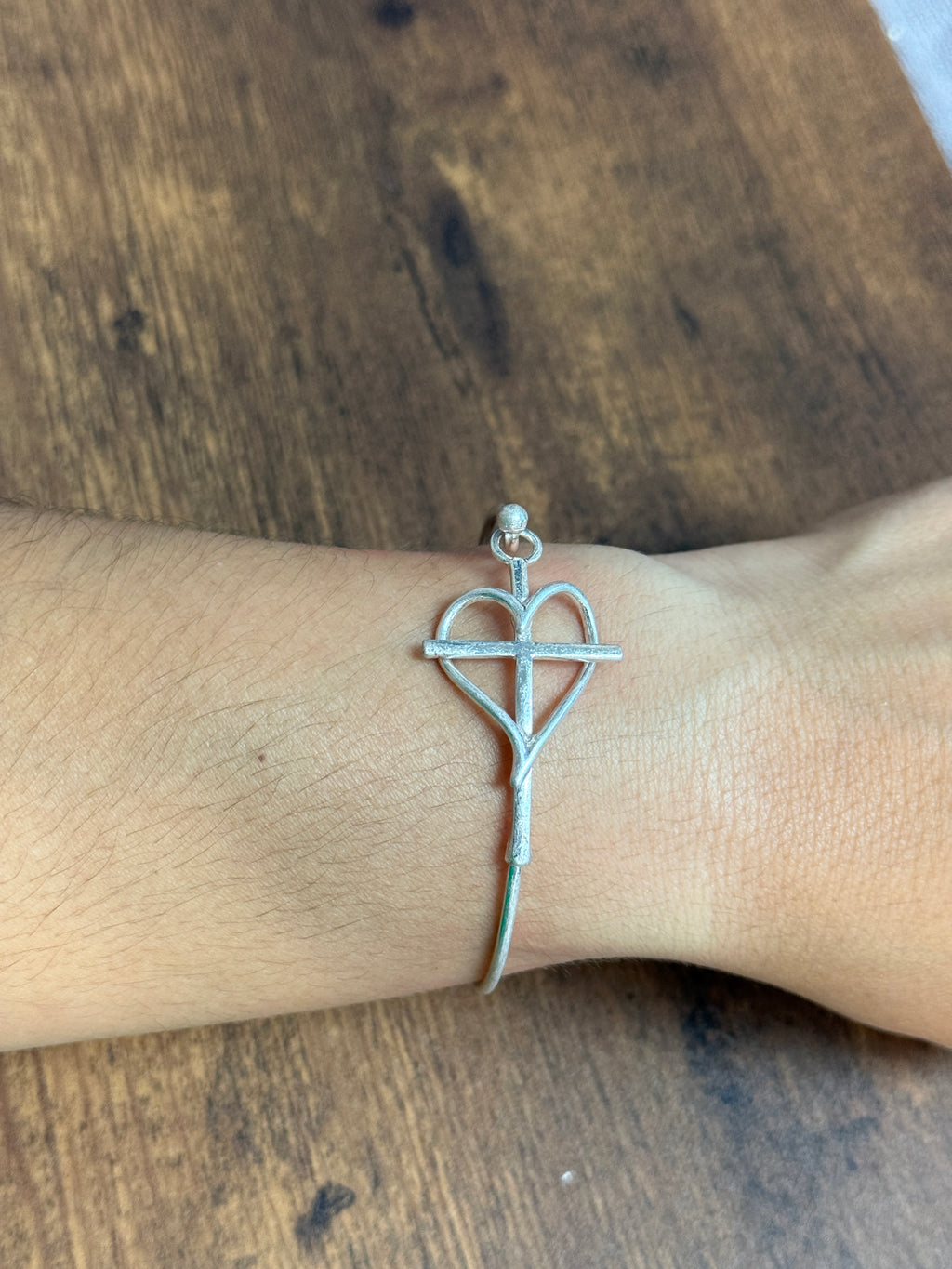 Heart & Cross Wire Bangle Bracelet