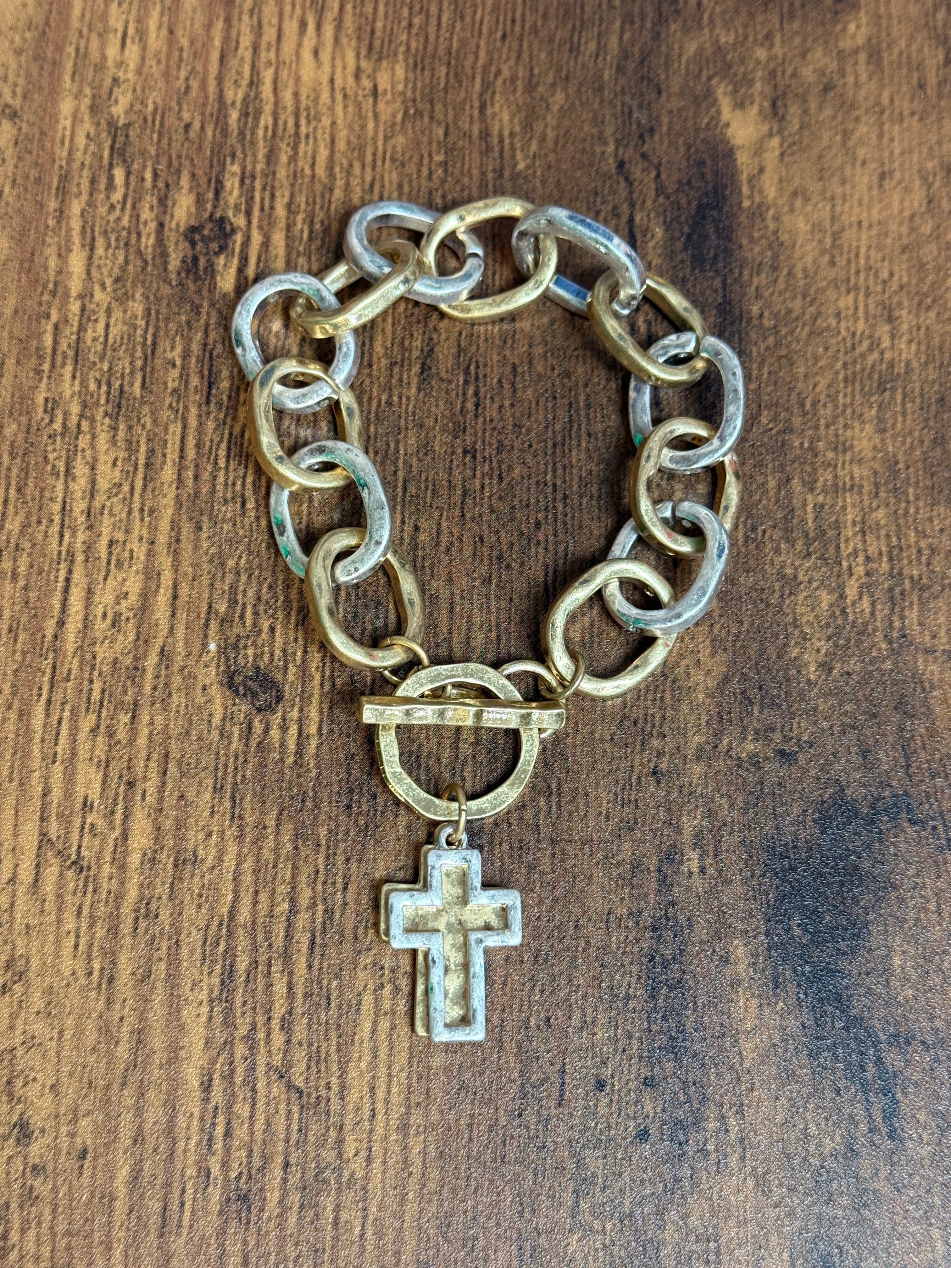 Cross Charm Oval Two Tone Toggle Bracelet