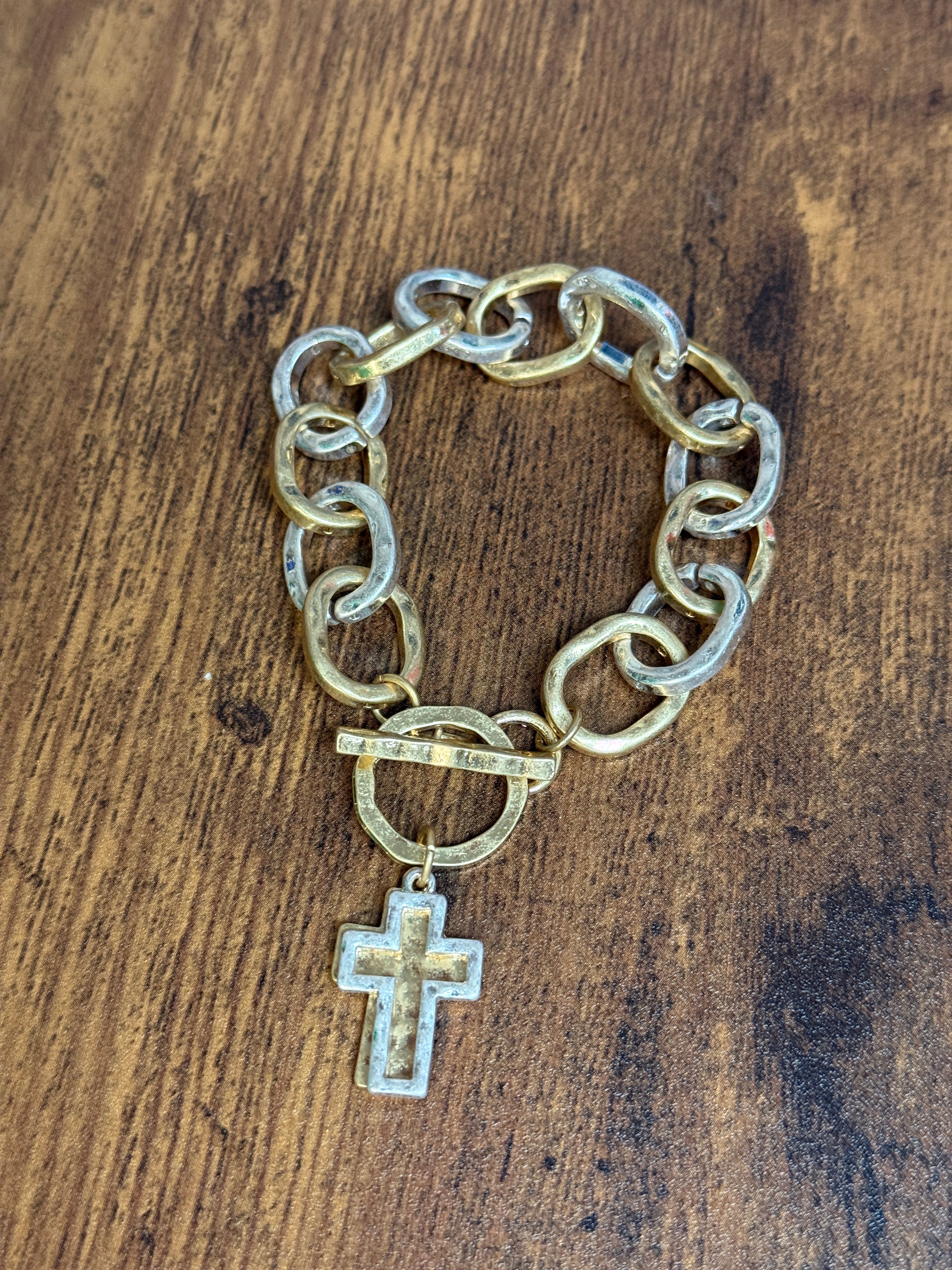 Cross Charm Oval Two Tone Toggle Bracelet
