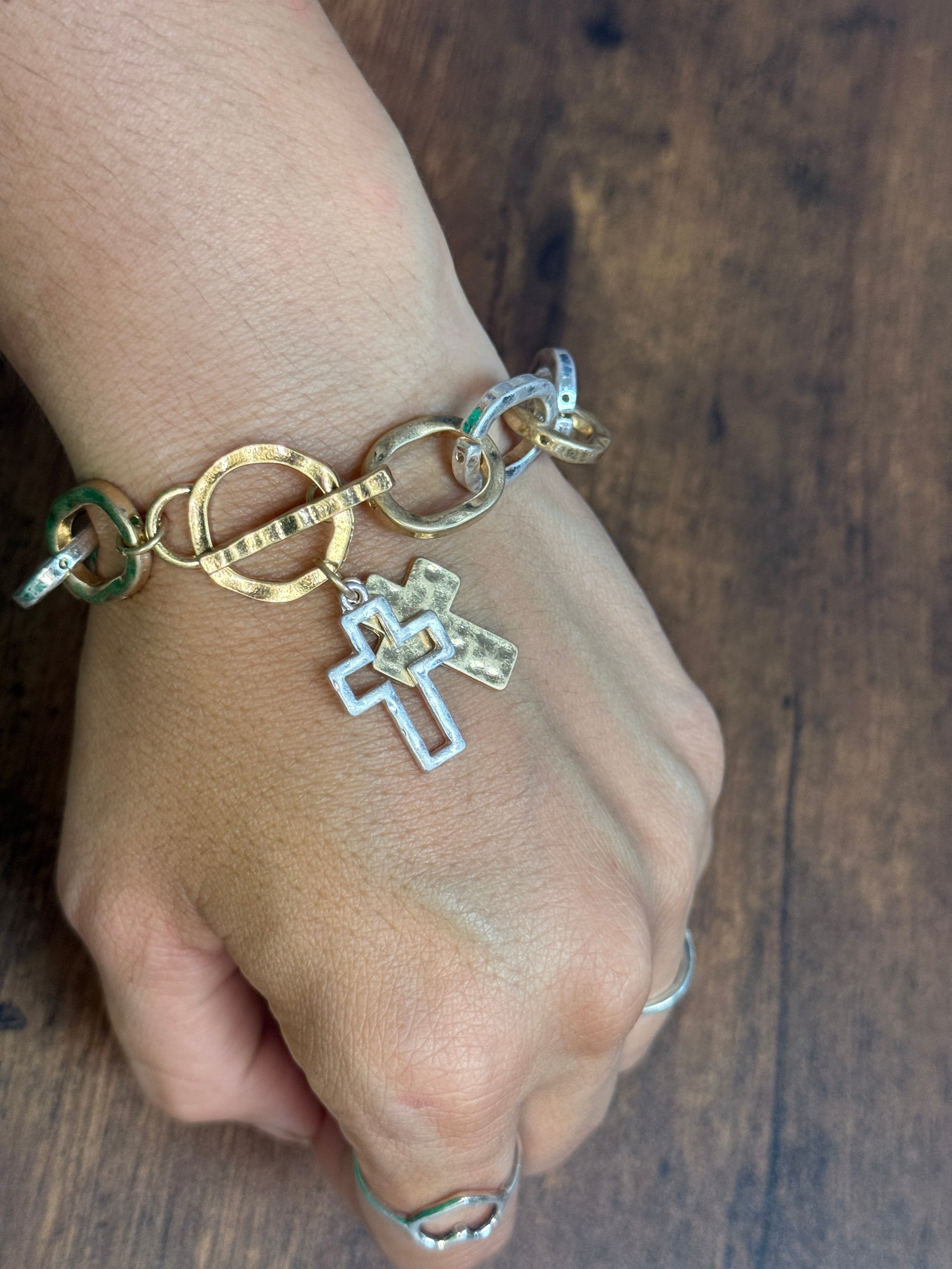 Cross Charm Oval Two Tone Toggle Bracelet