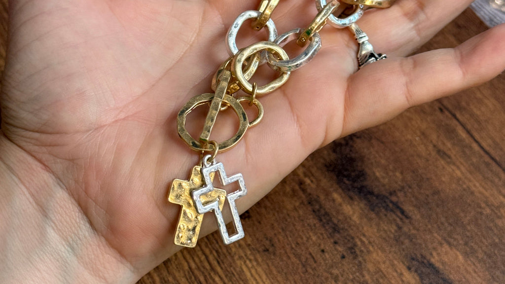 Cross Charm Oval Two Tone Toggle Bracelet