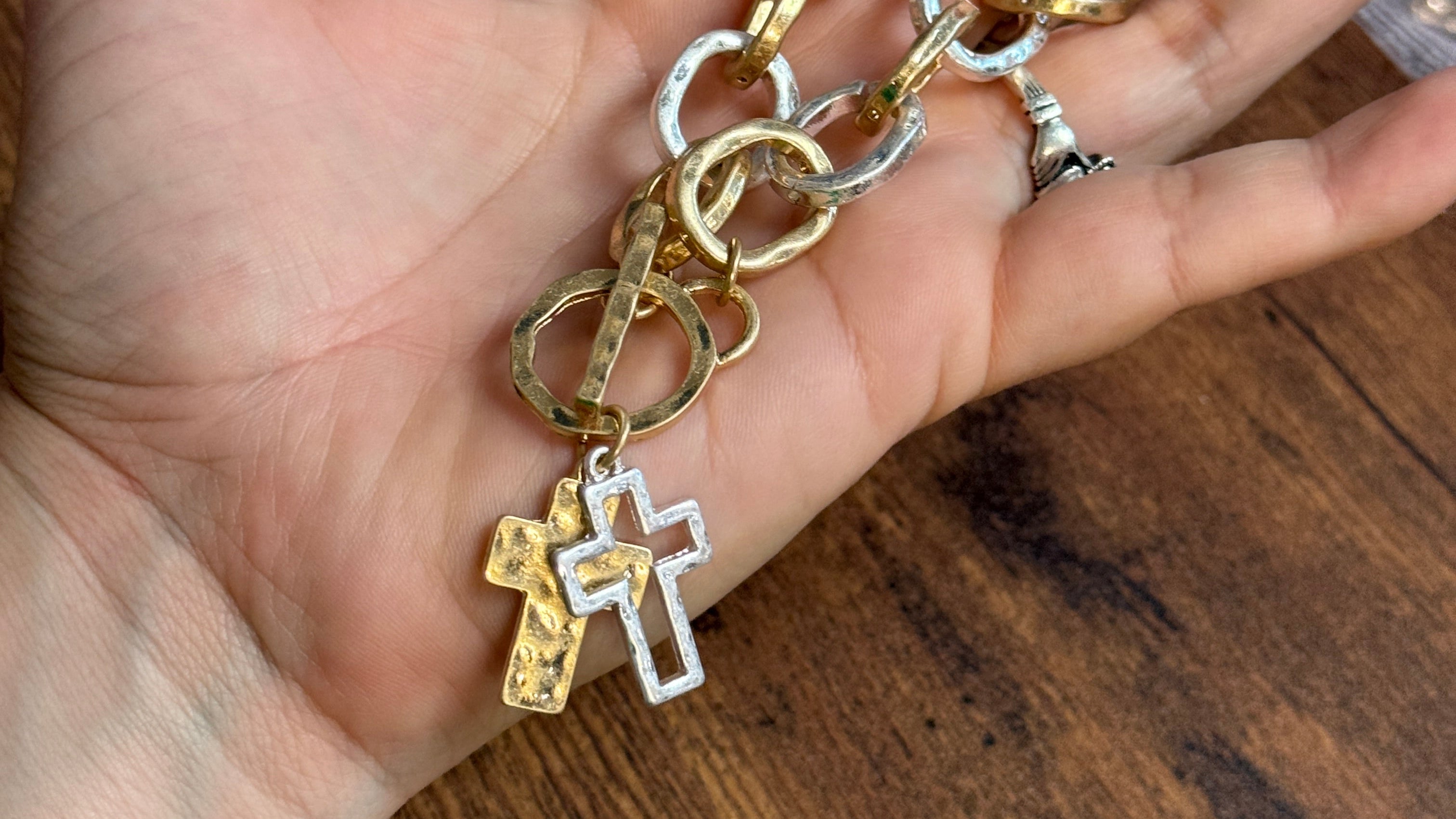 Cross Charm Oval Two Tone Toggle Bracelet